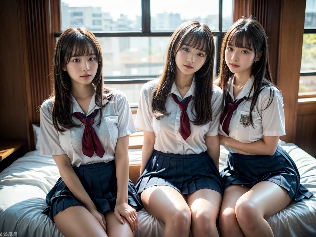 (RAW photo, 4k, masterpiece, high resolution, extremely complex) (realistic: 1.4), cinematic lighting
((2 girls, 2 schoolgirls)),Slam Dunk's,blushing,((innocent)),(Dark makeup),bright eyes,round eyes,blunt bangs,(straight hair:1.3),black hair,large breasts,wide hips,Summer Noon, ,Hot, (Best Quality), (Highres), (an Extremely Delicate and Beautiful),(Beautiful 8k face),(Brown eyes),short bob hair,( spectators),(gigantic breasts),(Play with each other,Touching each other's bodies,Touching the body),(Japanese high school uniform:1.3),blue skirt,(reality),bright lighting,(The background is a luxury hotel room)