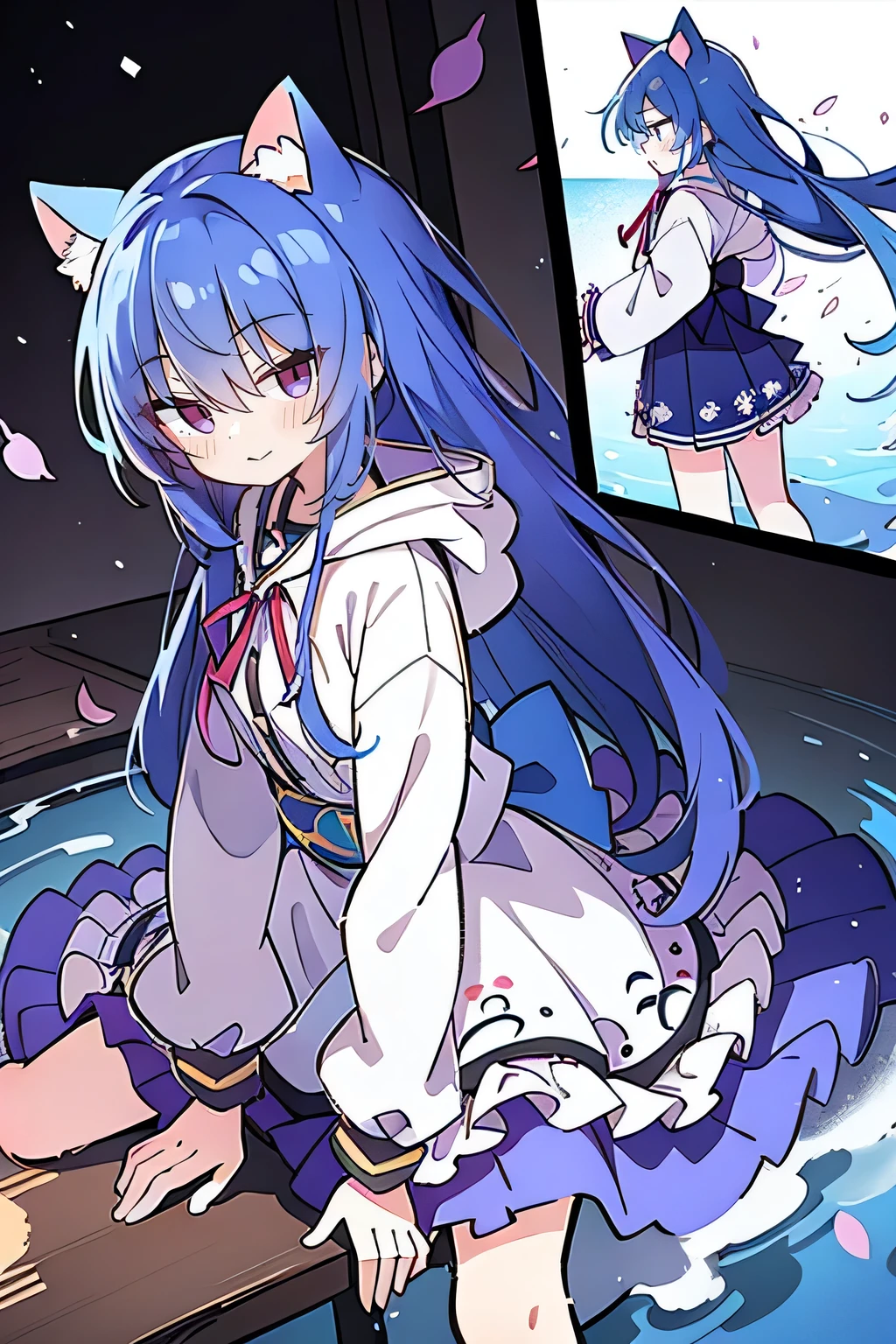 （masterpiece：1.2），Super detailed，lifelike，Expressive eyes，fair skin，perfect face shape，1 girl，
Japanese comics,Gorgeous blue hair,flowing blue hair,flowing clothes,Cat ears,Petals fall,beautiful lola,Baby Angel,
Shaking head with one hand，Cross your legs，Gentle and peaceful background，The pavilion is cool and comfortable,smile, wearing hoodie, background of tokyo,back views,snowing, winter,lie on the water.