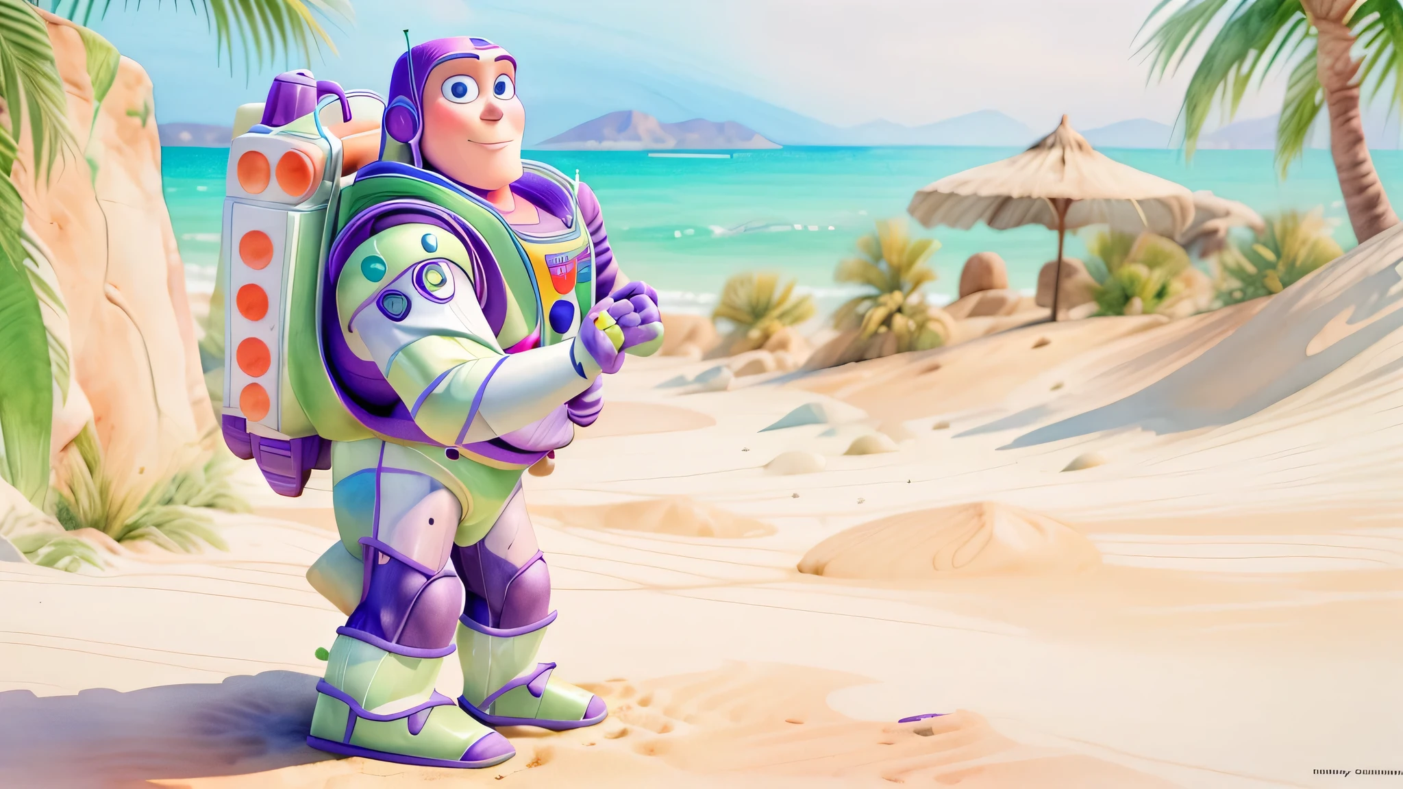 traditional watercolor painting (water color art: 1.5), an award wining, water color portrait of Pixar's (Buzz Lightyear: 1.5) (masterpiece, best detailed, best quality: 1.4), lying in the beach (masterpiece, best detailed, best quality: 1.4), he rests under a palm tree, he wears (purple swimsuit: 1.1), he has (sunglasses: 1.1) on, the sea is calm, sandy beach at high noon background, it a sunny day, dynamic range, ultra wide shot, photorealism, depth of field, hyper realistic,