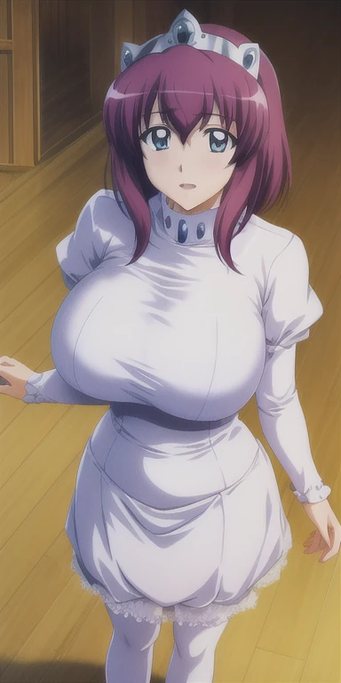 Henrietta_of_Tristain, Huge_chest, Are standing, alone, white_turtleneck_dress_white_Knee socks_white_garter_strap_tiara, masterpiece, highest quality, oftailed face, oftailed eyes, High resolution,
