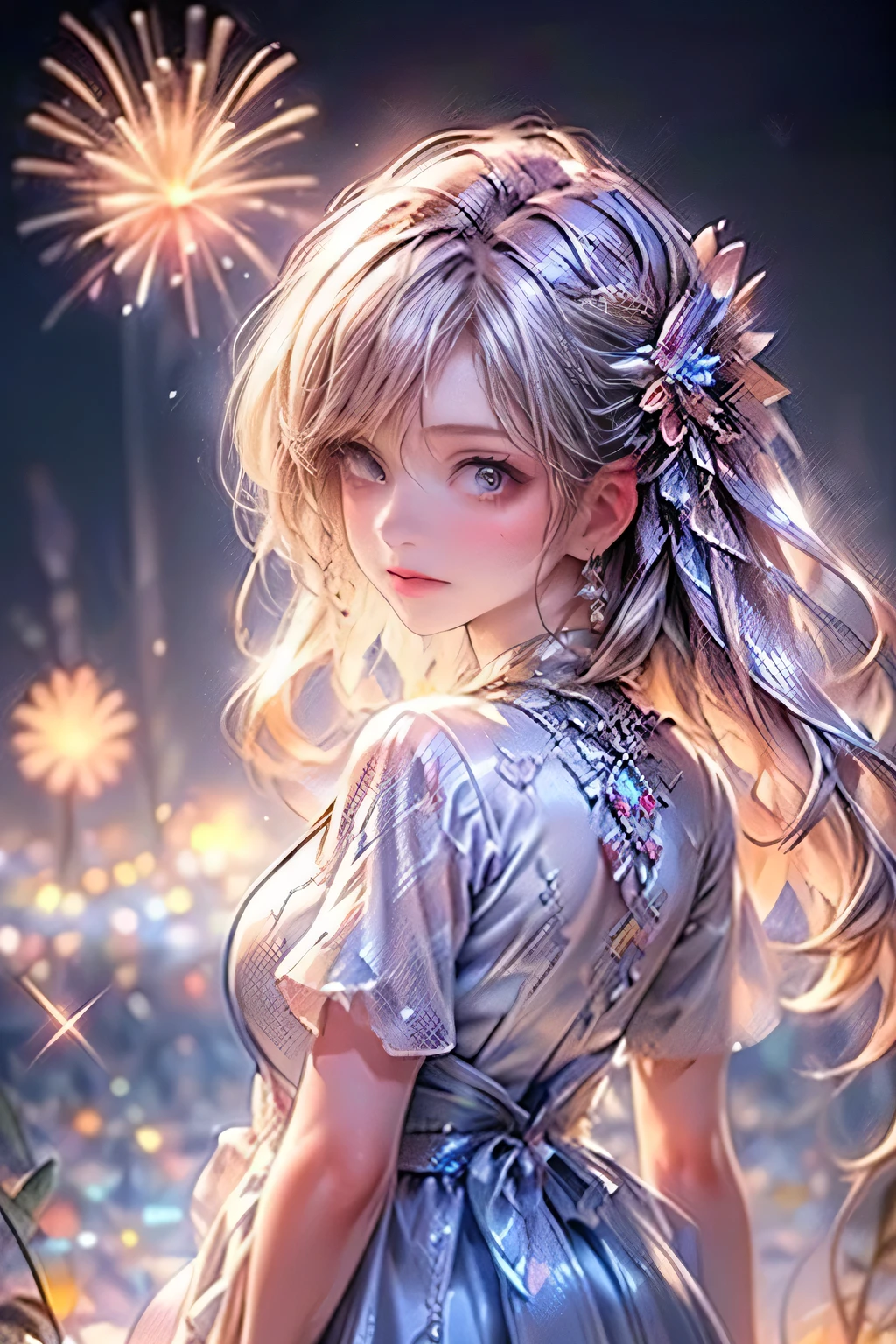masterpiece:1.2, highest quality, 16k, perfect beauty, ultra-realistic, photorealistic:1.37, beautifuldetailed:1.2, (double exposure The light trail of large fireworks lights up the night sky), (layered beautiful Translucent girl looking up at the sky), standing, beautiful delicate(hair, face, long eyelash, eyes, pupils, lips), sparkling eyes, shining rosy lips, blushed cheek, lake:1.2, dynamic posing , dynamic angle, back view