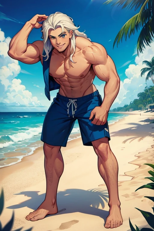 A muscular man with blue eyes and long white hair in swim trunks is leaning forward while smiling at the beach