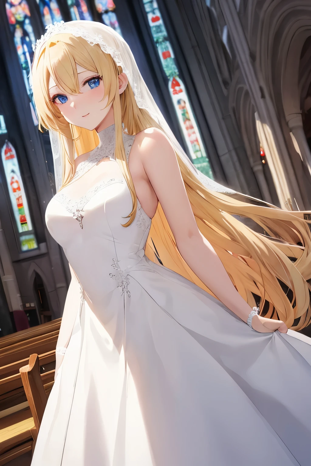 Anime girl with long blonde hair, dark blue eyes, white wedding dress, happy to see viewer, beautiful church setting