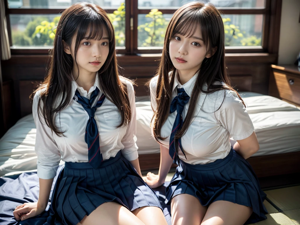 (RAW photo, 4k, masterpiece, high resolution, extremely complex) (realistic: 1.4), cinematic lighting
((2 girls, 2 schoolgirls)),Slam Dunk's,blushing,((innocent)),(Dark makeup),bright eyes,round eyes,blunt bangs,(straight hair:1.3),black hair,large breasts,wide hips,Summer Noon, ,Hot, (Best Quality), (Highres), (an Extremely Delicate and Beautiful),(Beautiful 8k face),(Brown eyes),short bob hair,( spectators),(gigantic breasts),(Play with each other,Touching each other's bodies,Touching the body),(Japanese high school uniform:1.3),blue skirt,(reality),bright lighting,(The background is a luxury hotel room)