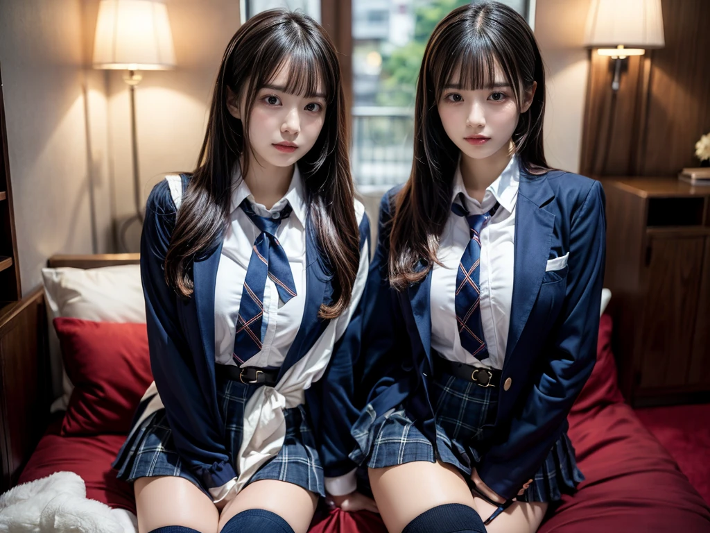 (8K, Raw photography, top-quality, ​masterpiece:1.2), master piece, best quality, illustration, Super detailed, fine details, High resolution, 8K,wall paper, perfect dynamic composition,(Details High quality, realistic depiction of eyes:1.3), ((2 girls, 2 schoolgirls)), The background is a luxury hotel room、High school girl uniform、blazer 、Super Short Check Uniform Skirt、Navy blue high socks、garterbelts、Colossal tits、Disturbed uniform, Play with each other,Touching each other's bodies,Touching the body of the girl next door, short bob hair, black hair color, huge breasts, Big Natural Color Lip, bold sexy pose, (perfect body shape), crying a little、cold gaze,  Beautiful makeup,glitter makeup,Cutest 18 years old, beautiful legs, hposing Gravure Idol, Voluptuous thighs