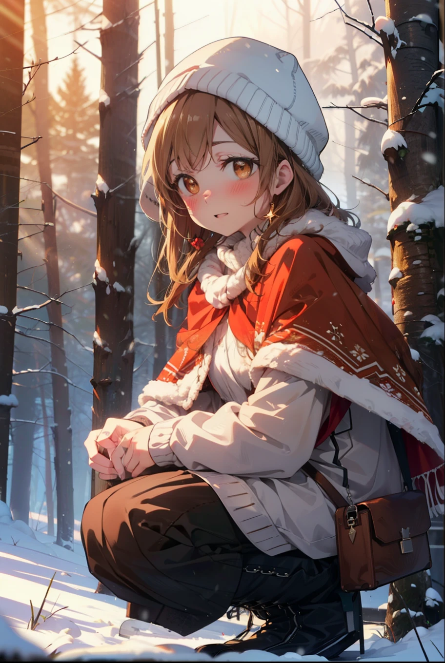 I am Ayuki of the Sun, Sun and Yuki, Long Hair, Brown Hair, (Brown eyes:1.8)Mid-chest,smile,blush,White Breath,
Open your mouth,snow,Ground bonfire, Outdoor, boots, snowing, From the side, wood, suitcase, Cape, Blurred, Increase your meals, forest, White handbag, nature, Squat, Mouth closed, フードed Cape, winter, Written boundary depth, Black shoes, red Cape break looking at viewer, Upper Body, whole body, break Outdoor, forest, nature, break (masterpiece:1.2), highest quality, High resolution, unity 8k wallpaper, (shape:0.8), (Beautiful and beautiful eyes:1.6), Highly detailed face, Perfect lighting, Extremely detailed CG, (Perfect hands, Perfect Anatomy),