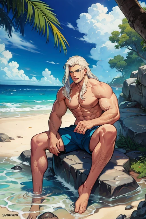 A muscular man with blue eyes and long white hair in swim trunks is sitting on a rock at the beach