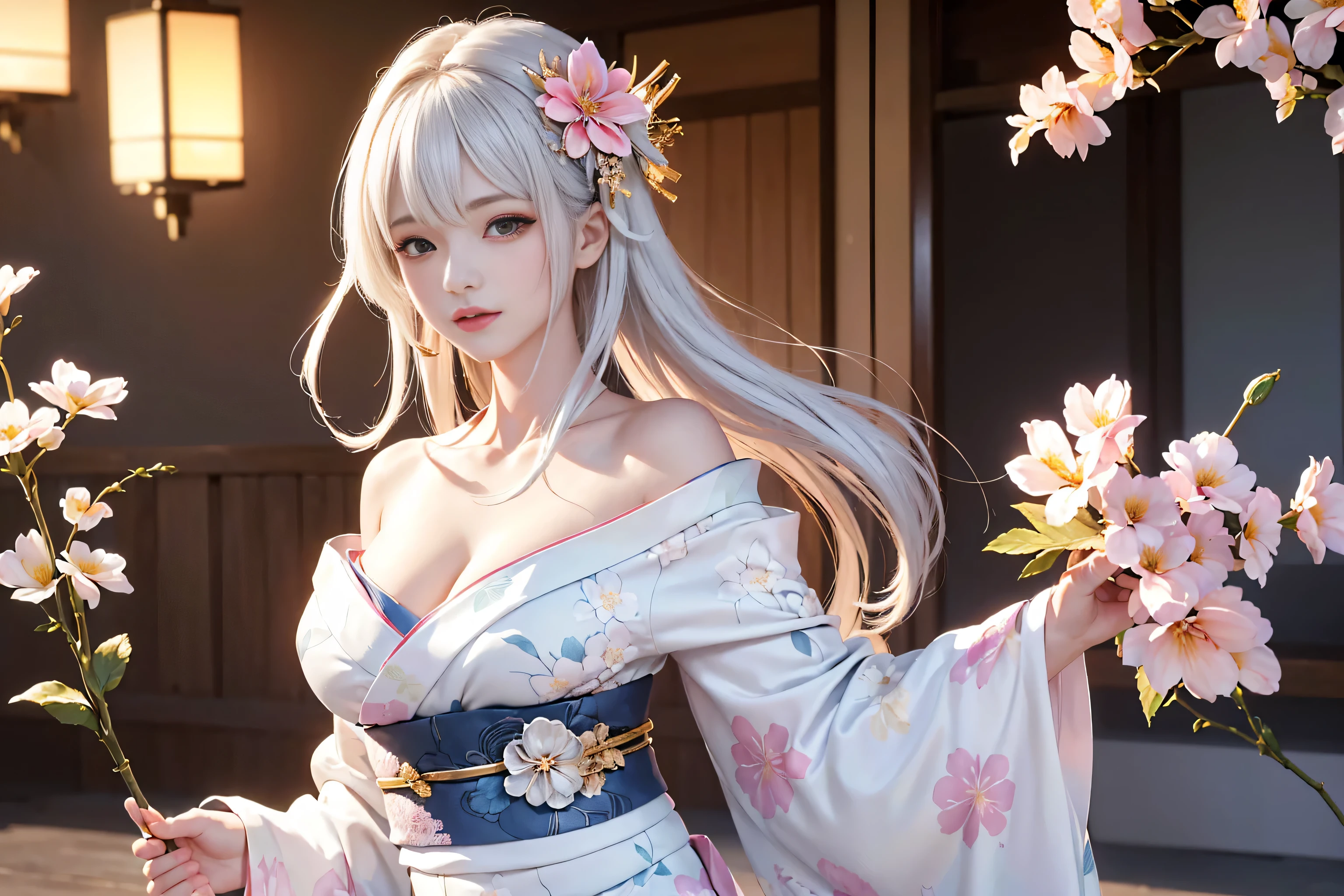 ((1girl,solo、A woman wearing a flower pattern kimono、Elegant woman posing:1.4、Detailed face、brightexpression、medium beautiful breasts,young, bright, Whiter skin、Best Looks、Ultimate beauty、White hair with shiny highlights、Shining bright hair,、Trim your hair:1.2、Hair dancing in the wind))(White base background、Beautiful transparent glass flowerysterious lighting effects)((Off-the-shoulder style、Expose your shoulders、Expose the neck、Exposing cleavage:1.2))The sleeves of the kimono are connected((Flower pattern kimono:1.3)