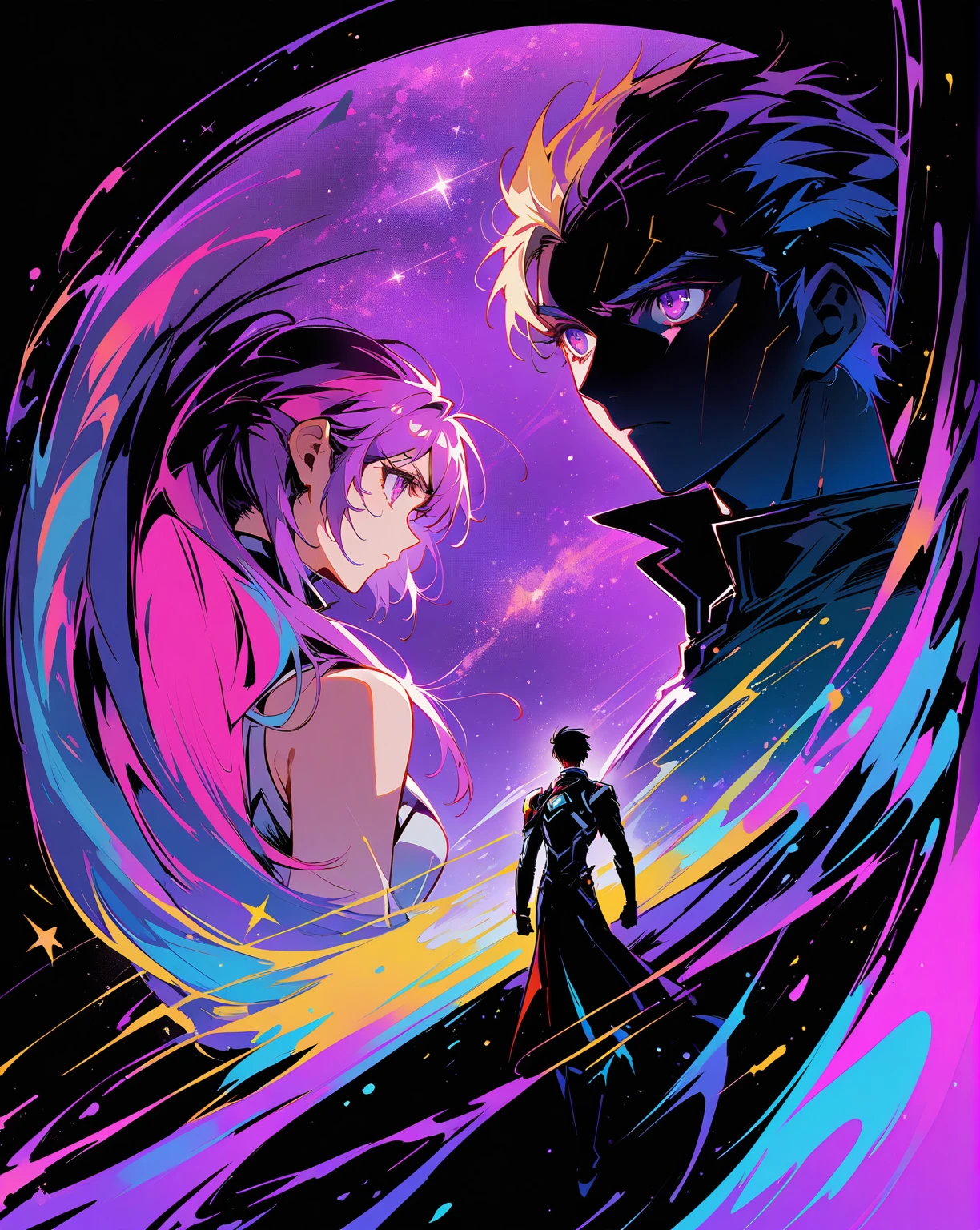 (男孩和女孩Separation，Reluctantly，Separation，The boy is on the left，Girl on the right)，1boy，Black short hair，Future Tech ArmorBREAK 1girl, (Purple and white ombre double-length ponytails), (There is a tuft of dark purple hair on the forehead, Colorful hair), (Deep purple eyes)，White mecha suitBREAK Black mecha dress, The figure is located in the center，Magnificent space image scenes，Shine under the stars，Anatomically correct，Simple and elegant，Smooth line strokes，Bright colors，Ultra high saturation，Minimalism, anime, Ghibli-like colours, projected inset，Medium shot，Waist Shot(WS)，1yj1，yinji