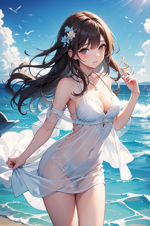 Lassen painting style、Highest quality、Beautiful woman diving in the sea、Sexy beauty、White sheer dress、A dress that clings to your body、A dress fluttering in the sea、Beautiful silhouette、Beautiful body、D cup breasts、Brown Hair、Long Hair、Hair swaying in the sea、A group of dolphins nearby、Dolphins swimming around a beautiful woman
