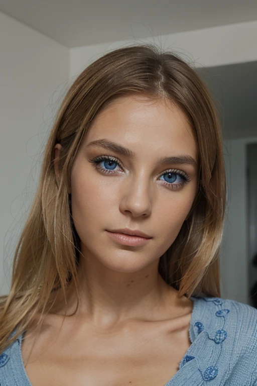 visage d'une femme tres realiste avec des yeux bleu blonde