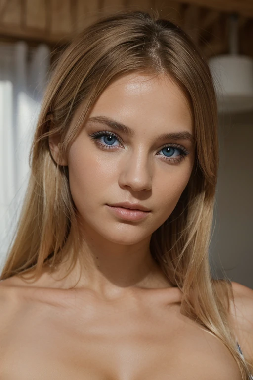 visage d'une femme tres realiste avec des yeux bleu blonde 