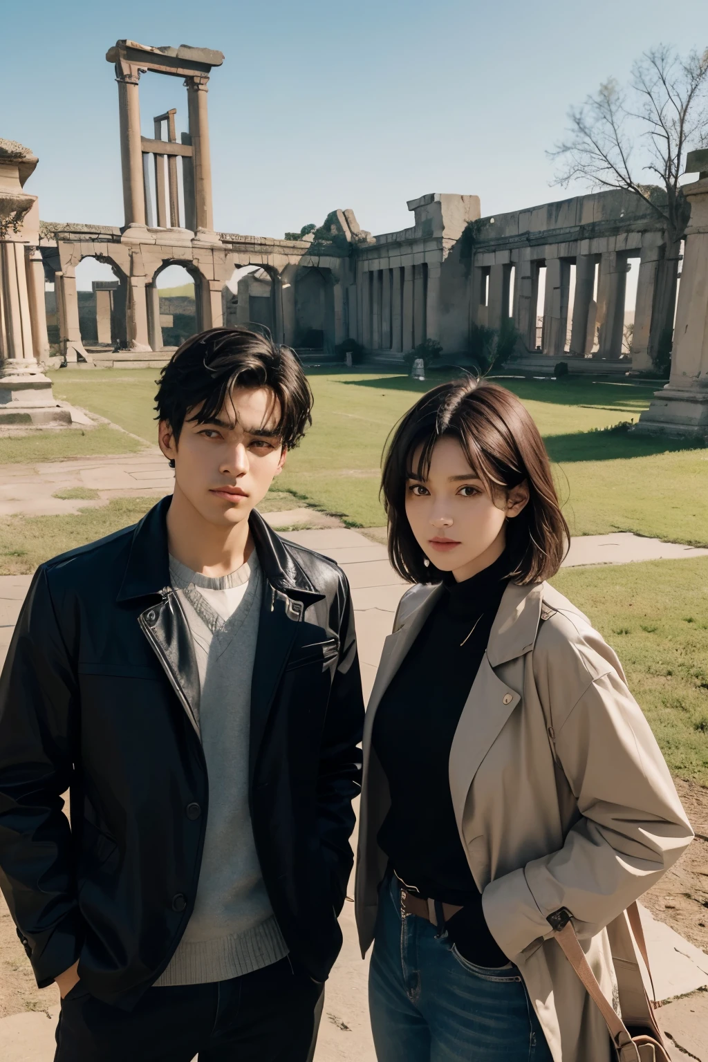 A handsome man and a beautiful woman. Late twenties. He is looking at the camera with a serious expression. The man has short black hair. The woman has dark brown hair. Both are wearing jackets. The ruins of a super ancient civilization exist in the background of the two of them.