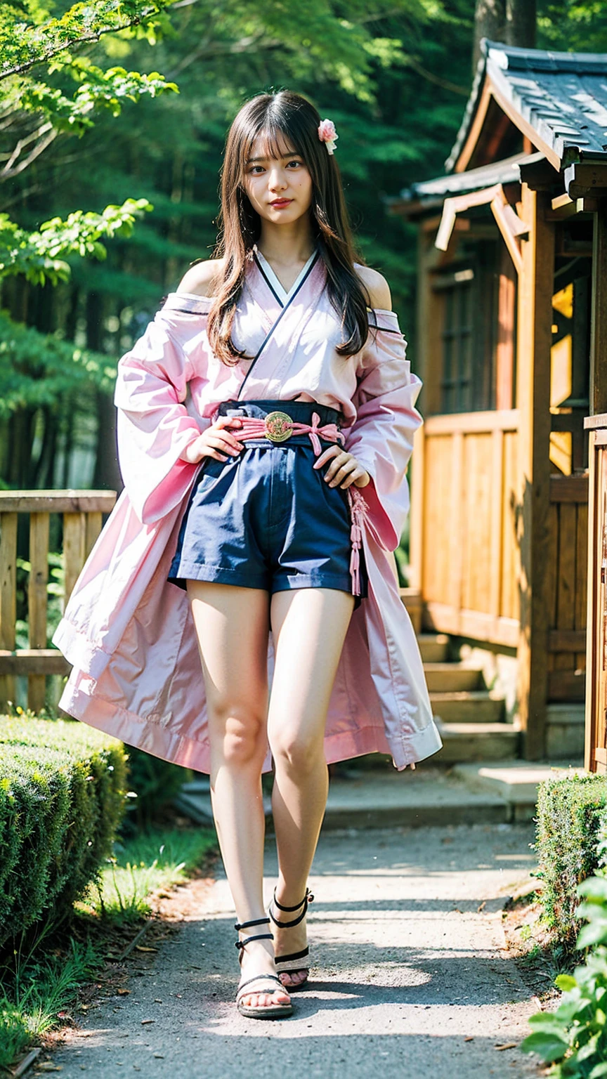 (8k、RAW Photos、highest quality、masterpiece:1.2)、(Realistic、Realistic)、1 girl、((Short shrine maiden costume、smile、Off the shoulder、See-through、Pink and black、Long-sleeved kimono、I can see your feet、Shorts、Sandals、garden、Ribbon Belt、Standing with hands on hips))、Lots of eyelashes、Glowing eyelids、skeletally correct