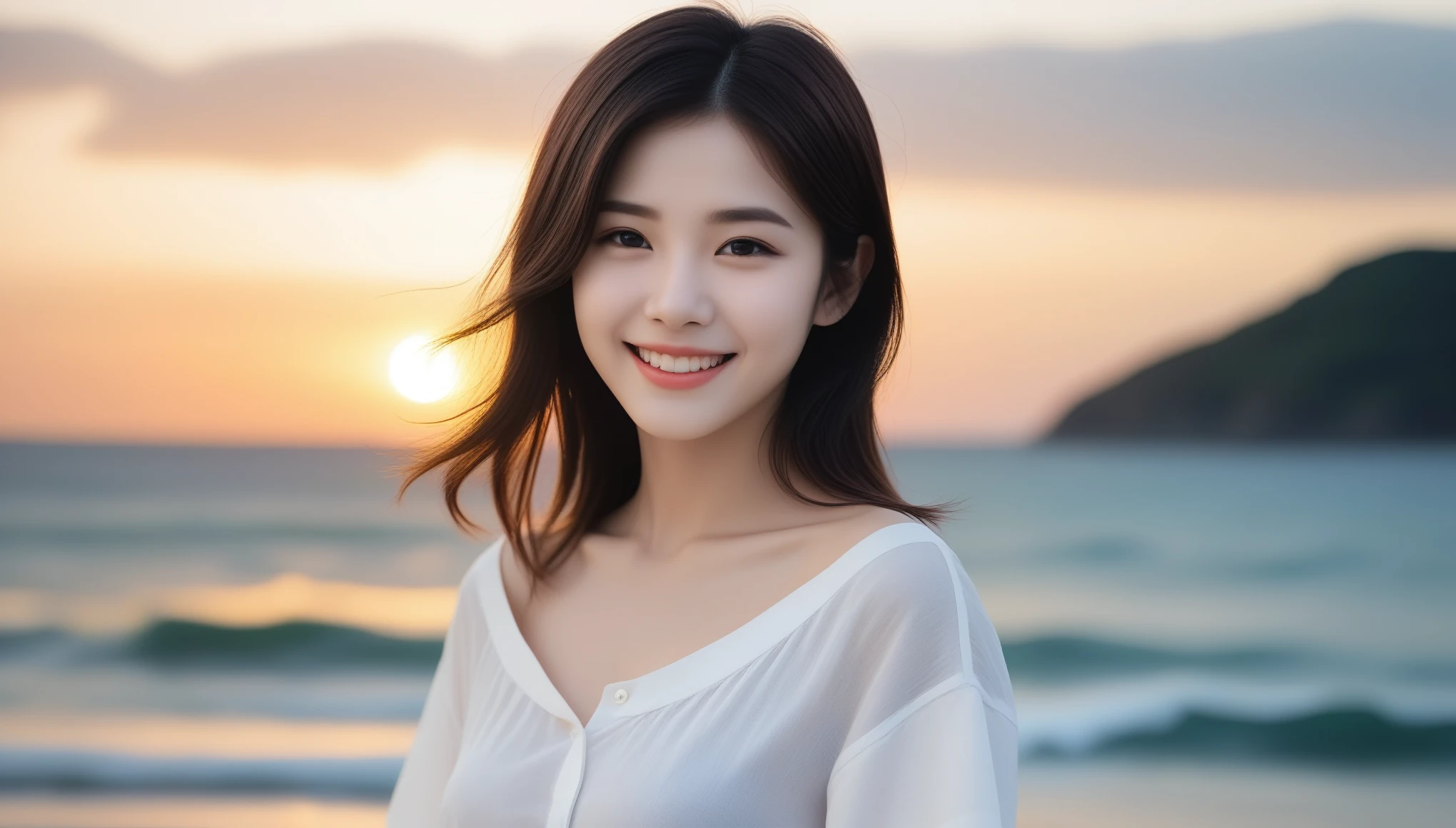 8k, Ultra-high resolution, 最high quality, masterpiece, Surreal, photograph, 1 girl, (16 years old:1.3), pretty girl, Cute Face, Beautiful eyes in every detail, 細かくdetailedに,masterpiece,, One Girl:1.2, Japan Female Announcer, One Girl,hand in front,Ocean,Wind,Black Hair,sunset,Beach,(Aesthetics and atmosphere:1.2),Long Hair,Orange San Marde,A light smile,Happy,Shallow depth of field,Short Bob,Dimples,masterpiece,最high quality,high quality,,whole body,Sexy pose、See through 、Looking at the audience、beauty,Long neck、Laugh a little、Please close your mouth and laugh、(((Ideal body type))),A-cup small breasts :2,、Portraiture:2、Perfect Anatomy、鮮明なdetailed、detailed、Surreal、Light and shadow,Strong light,Fashion magazine cover,Thin lips