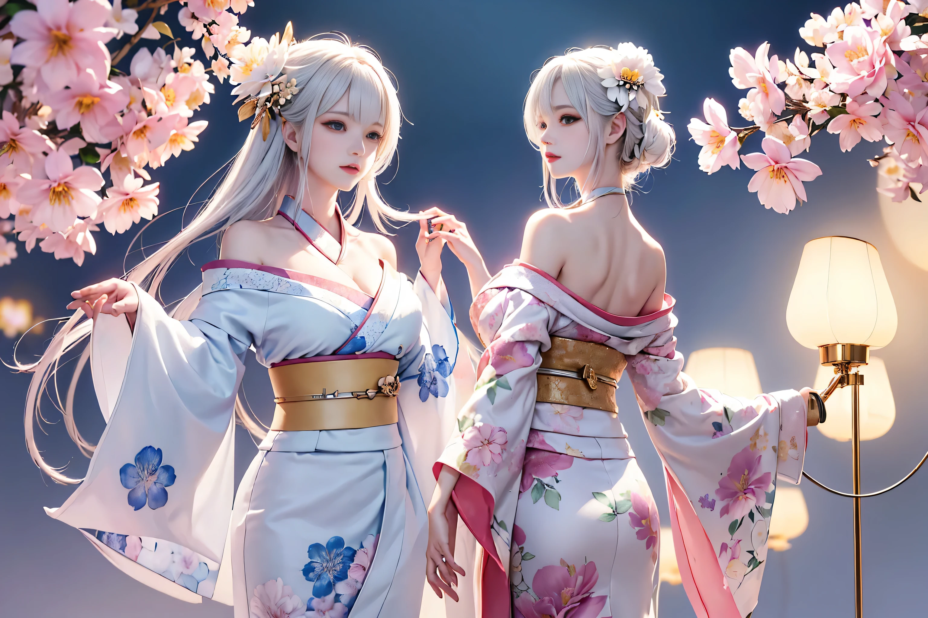 ((1girl,solo、A woman wearing a flower pattern kimono、Elegant woman posing:1.4、Detailed face、brightexpression、medium beautiful breasts,young, bright, Whiter skin、Best Looks、Ultimate beauty、White hair with shiny highlights、Shining bright hair,、Trim your hair:1.2、Hair dancing in the wind))(White base background、Beautiful transparent glass flowerysterious lighting effects)((Off-the-shoulder style、Expose your shoulders、Expose the neck、Exposing cleavage:1.2))The sleeves of the kimono are connected((Flower pattern kimono:1.3)
