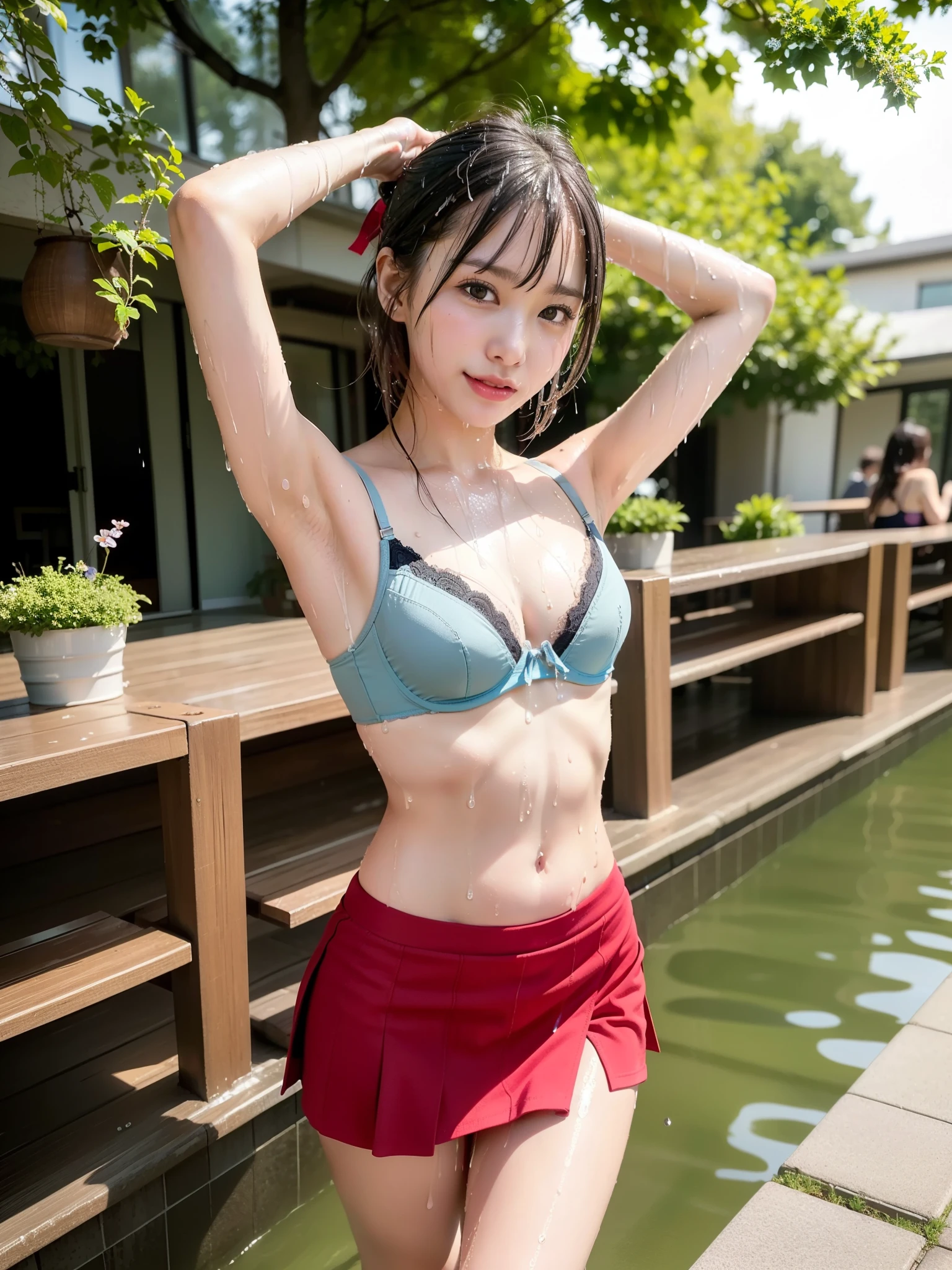 ((Best of the highest quality, 8k, Masterpiece: 1.3, raw photo)), Sharp focus: 1.2, (1 AESPA, slim body type female, 21 y/o: 1.1), (Solo: 1.28), (realistic, photo-realistic:1.37), face focus, cute face, finely eyes, side lighting, using reflectors, (small breasts, flat chest, Thigh: 1.3), (wet short messy hair, bangs: 1.28), (wet bra, wet business skirt:1.32), (ribbon:1.2), walking terrace dining, sun light, flower, (wet body, arms up: 1.1)