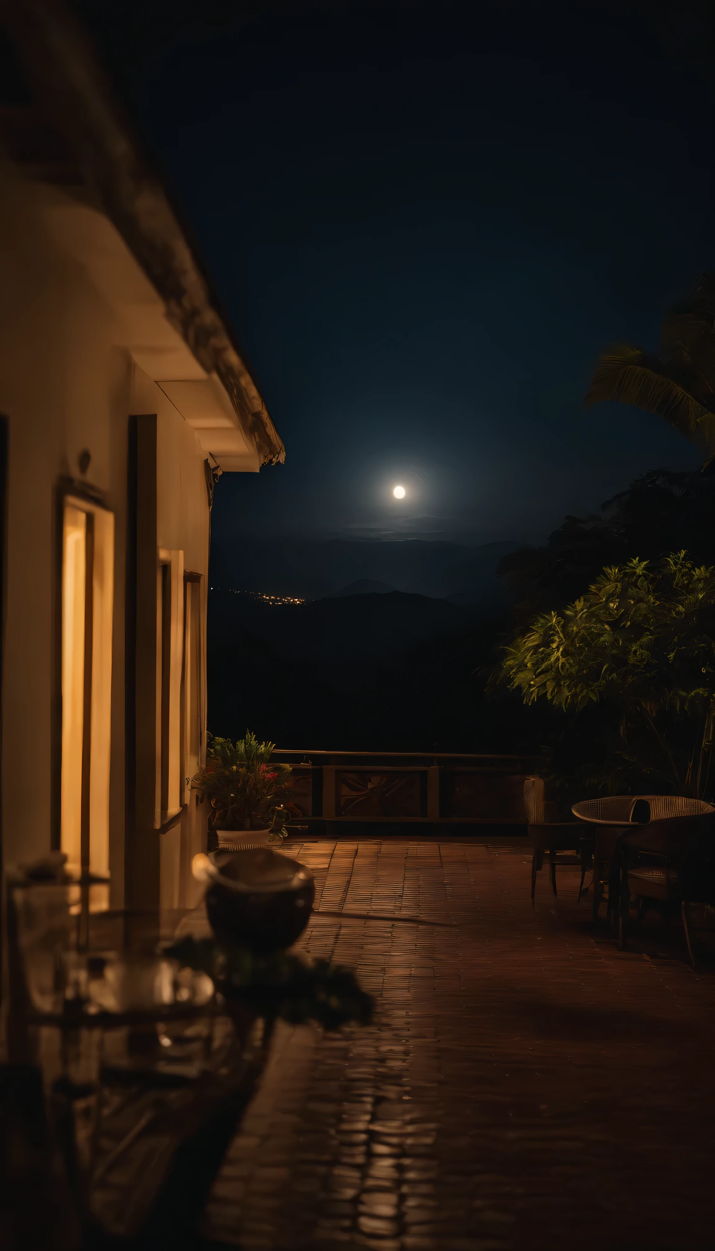 moon, the sun has set, Bogor peak, night lights, cafe dimly lit, view out the window, Villa, Midnight 