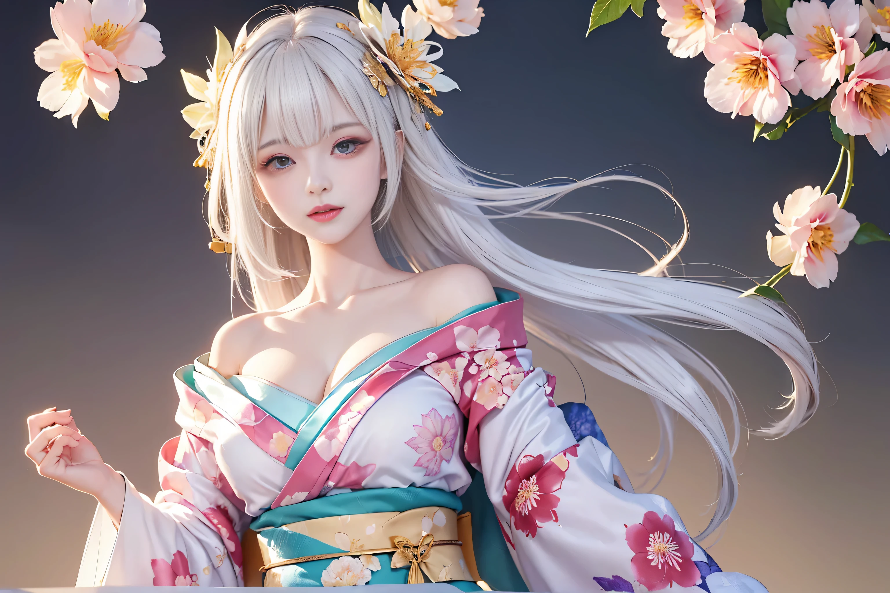 ((1girl,solo、A woman wearing a flower pattern kimono、Elegant woman posing:1.4、Detailed face、brightexpression、medium beautiful breasts,young, bright, Whiter skin、Best Looks、Ultimate beauty、White hair with shiny highlights、Shining bright hair,、Trim your hair:1.2、Hair dancing in the wind))(White base background、Beautiful transparent glass flowerysterious lighting effects)((Off-the-shoulder style、Expose your shoulders、Expose the neck、Exposing cleavage:1.2))The sleeves of the kimono are connected((Flower pattern kimono:1.3)
