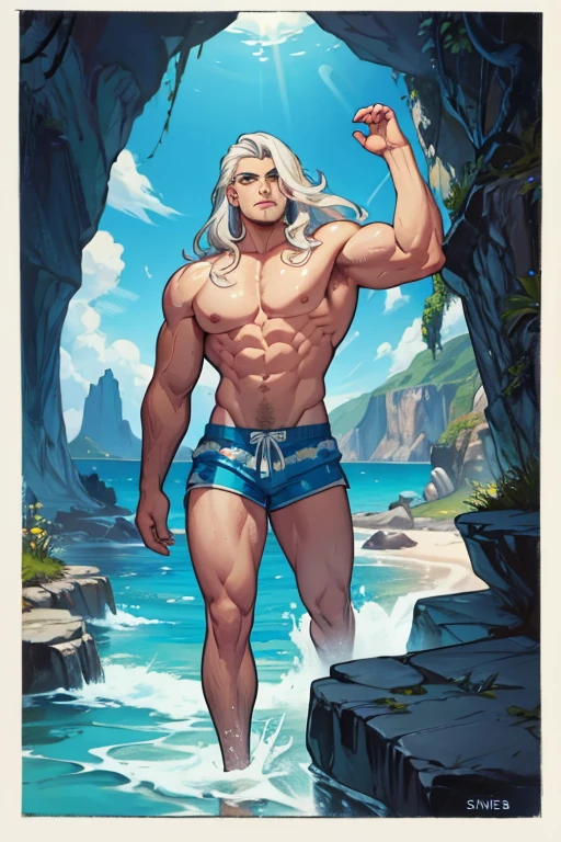 A muscular man with blue eyes and long white hair in swim trunks is exploring a sea cave