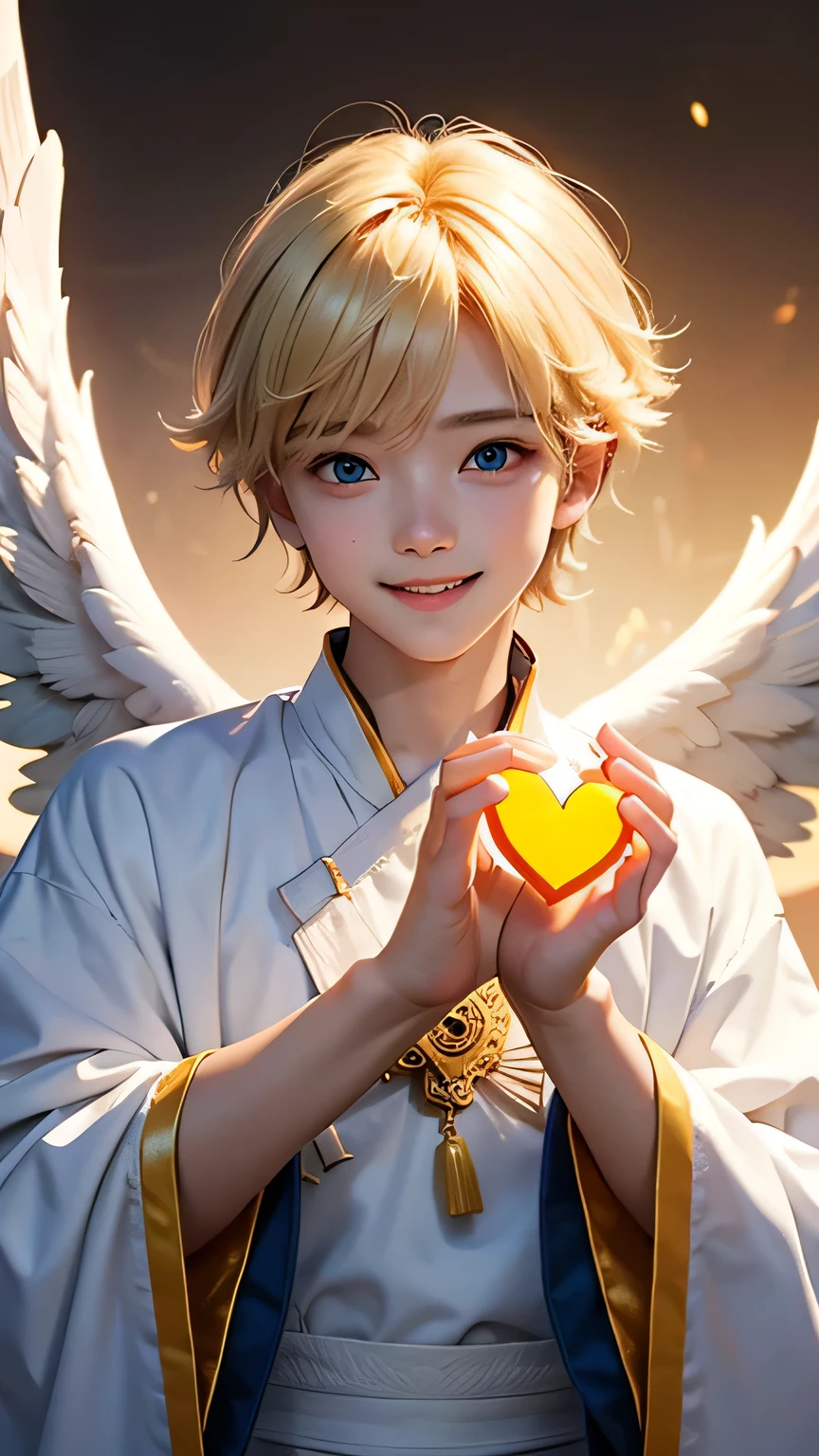 A boy angel who serves the Sun Goddess。 Make a big heart with your hands、He puts his face in it and smiles.。A pose that makes you feel like the king of love。Blonde。Wearing clothes that don't reveal any skin。The location is a sanctuary bathed in sunlight.。A sacred place bathed in soft, bright light