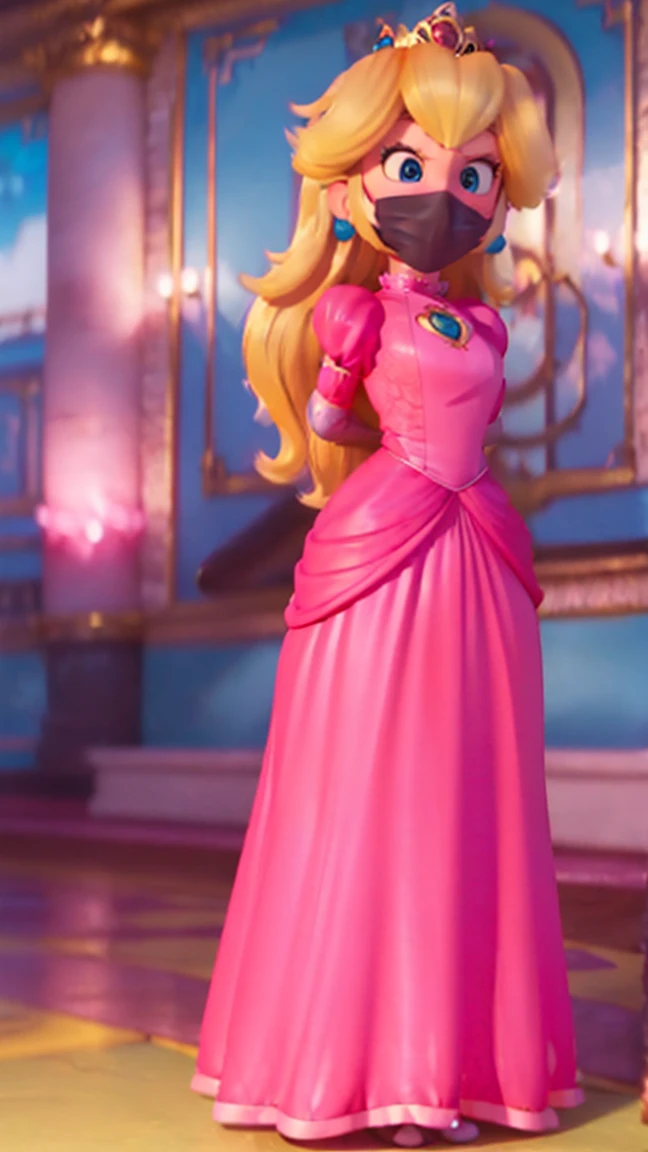 Princess Peach, ((wearing a long hot pink dress)), huge breasts, upper body, masterpiece,8k, best quality, good hands,good eyes, pixarstyle, 1girl, solo, style,parody,3d,long hair, detail hair, blonde hair, maximum detail, intricate detail, extremely clear, beach, nsfw, shy, blush, sad, ((long hair)), (tall girl), (solo, 1 girl), ((shibari, arms behind back : 1.4)) , ( full face otn gag mask), (full body view),((toes to head view)), ((complete body view photo)), ((standing)), Scared, (Skinny), view the viewer, ((shibari, bound arms, arms back behind:1.4)), ((tied in a wood pole)), ((wood pole)), ((tight full face latex mask)), (otn gag), gagged, (tight latex mask), (black mask), day light, ((she wears a black mask with a mouth printed on it)), WMASK_gag, WMASK_on