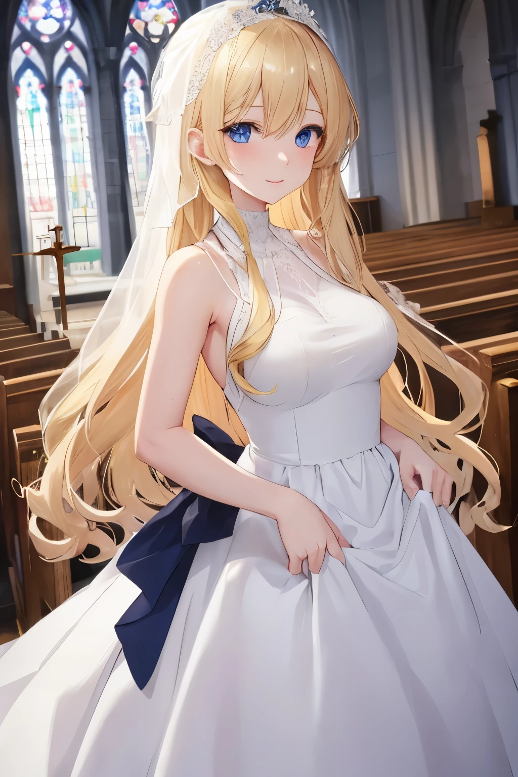 Anime girl with long blonde hair, dark blue eyes, white wedding dress, happy to see viewer, beautiful church setting
