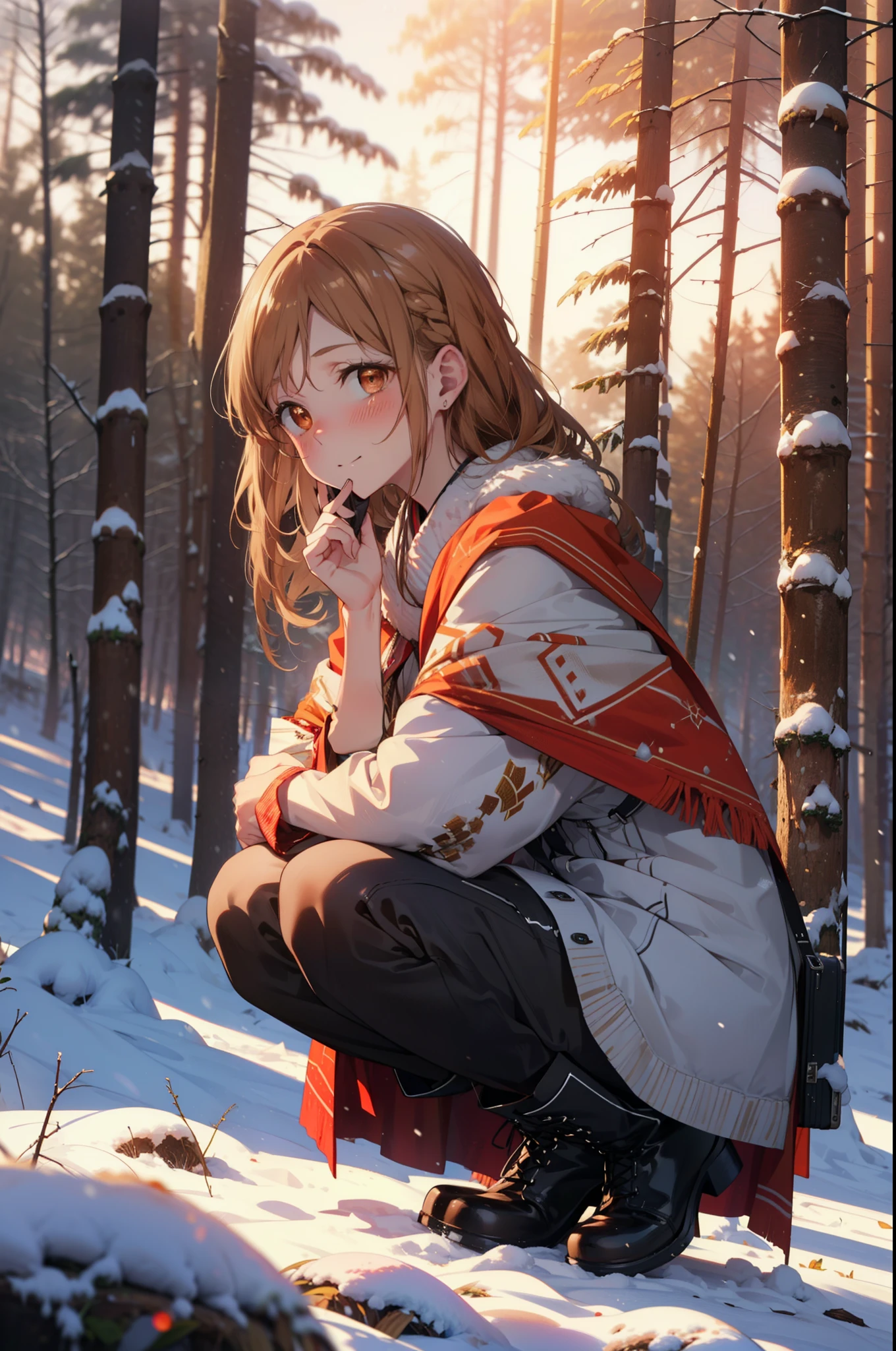 I am Ayuki of the Sun, Sun and Yuki, Long Hair, Brown Hair, (Brown eyes:1.8)Mid-chest,smile,blush,White Breath,
Open your mouth,snow,Ground bonfire, Outdoor, boots, snowing, From the side, wood, suitcase, Cape, Blurred, Increase your meals, forest, White handbag, nature,  Squat, Mouth closed, フードed Cape, winter, Written boundary depth, Black shoes, red Cape break looking at viewer, Upper Body, whole body, break Outdoor, forest, nature, break (masterpiece:1.2), highest quality, High resolution, unity 8k wallpaper, (shape:0.8), (Beautiful and beautiful eyes:1.6), Highly detailed face, Perfect lighting, Extremely detailed CG, (Perfect hands, Perfect Anatomy),