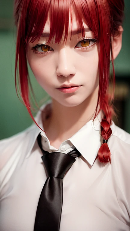 (8k, RAW photo, masterpiece, best quality, realistic:1.4), makima \(chainsaw man\), (red hair)+(long braided hair)+(bangs), yellow eyes, golden eyes, (ringed eyes), ((asian)), (white shirt), (necktie), tied up bangs, stare, smile, (evil:1.2), looking at viewer