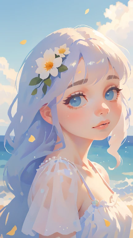 A beautiful young girl, watercolor painting style, retro, by the sea, white dress, detailed face, flowers in hair, dreamy expression, natural lighting, vibrant colors, delicate brushstrokes, soft edges, ethereal atmosphere, serene ocean waves in the background, (best quality,4k,8k,highres,masterpiece:1.2),ultra-detailed,(realistic,photorealistic,photo-realistic:1.37),detailed eyes,detailed lips,extremely detailed face,long eyelashes,serene,dreamy,elegant,soft,delicate,pastel,atmospheric