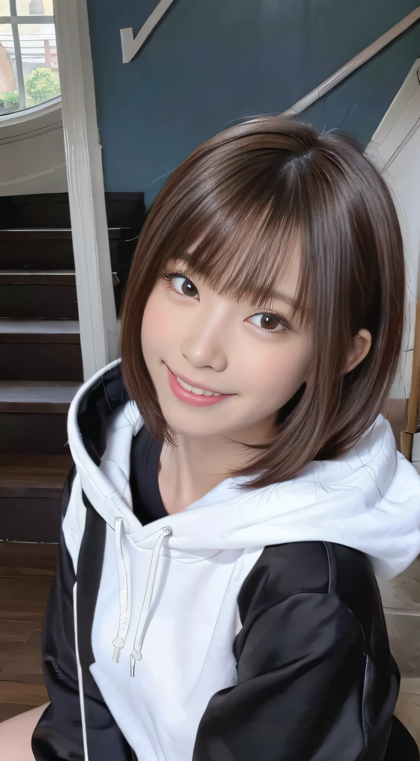 highest quality, Realistic, Very detailed, Finer details, High resolution, 8k wallpaper, One beautiful woman,Sit on the stairs、（Wear black socks）smile、（Beautiful teeth alignment、）（Gums are visible） Oversized hoodie, Skinny jeans,（ Black sneakers）、Black Hair、 Beautiful Bangs、ear piercing、Perfect dynamic composition, Beautiful and detailed, Full Body Shot, A big smile brown hair