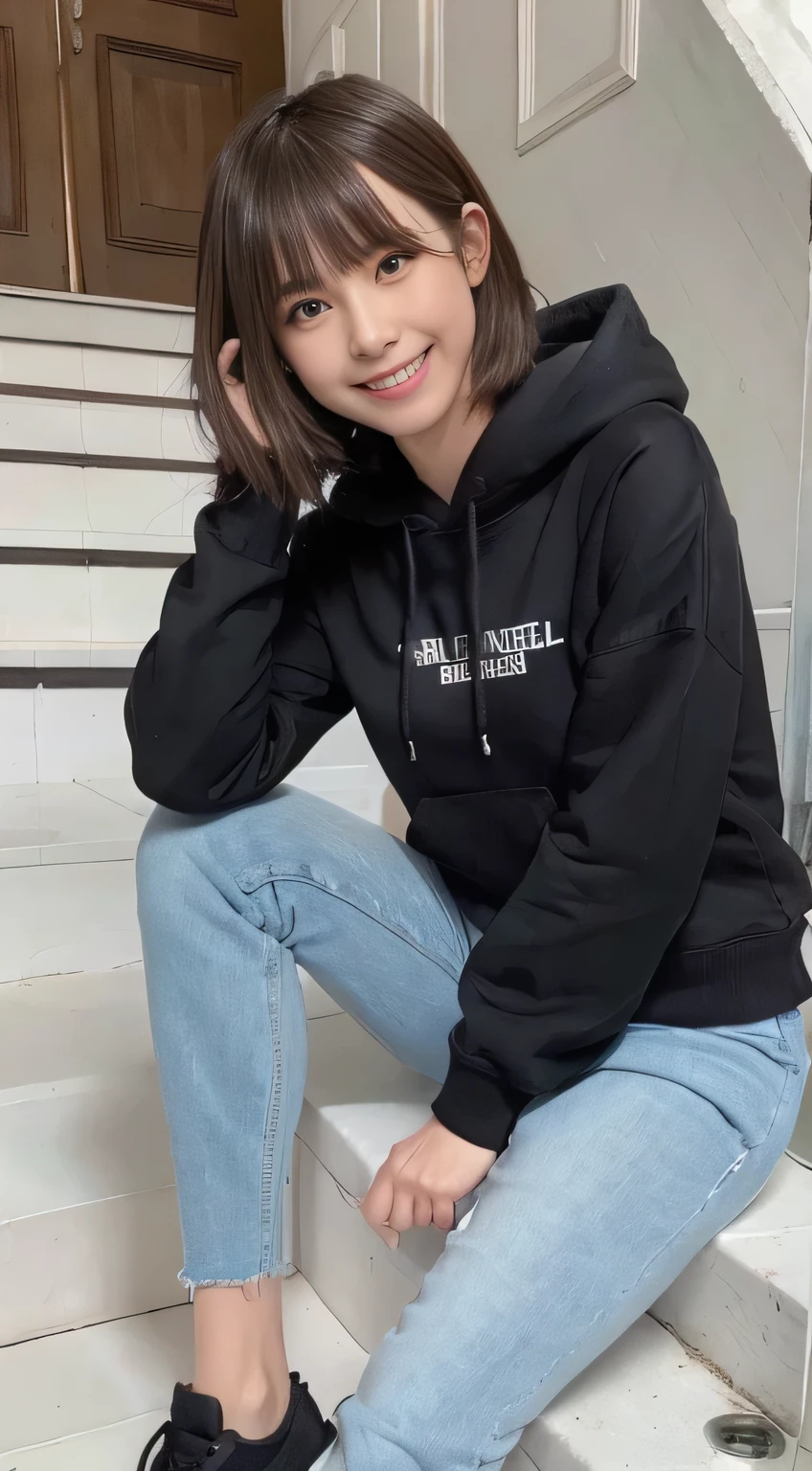 highest quality, Realistic, Very detailed, Finer details, High resolution, 8k wallpaper, One beautiful woman,Sit on the stairs、(Wear black socks)smile、(Beautiful teeth alignment、)(Gums are visible) Oversized hoodie, Skinny jeans,( Black sneakers)、Black Hair、 Beautiful Bangs、ear piercing、Perfect dynamic composition, Beautiful and detailed, Full Body Shot, A big smile brown hair
