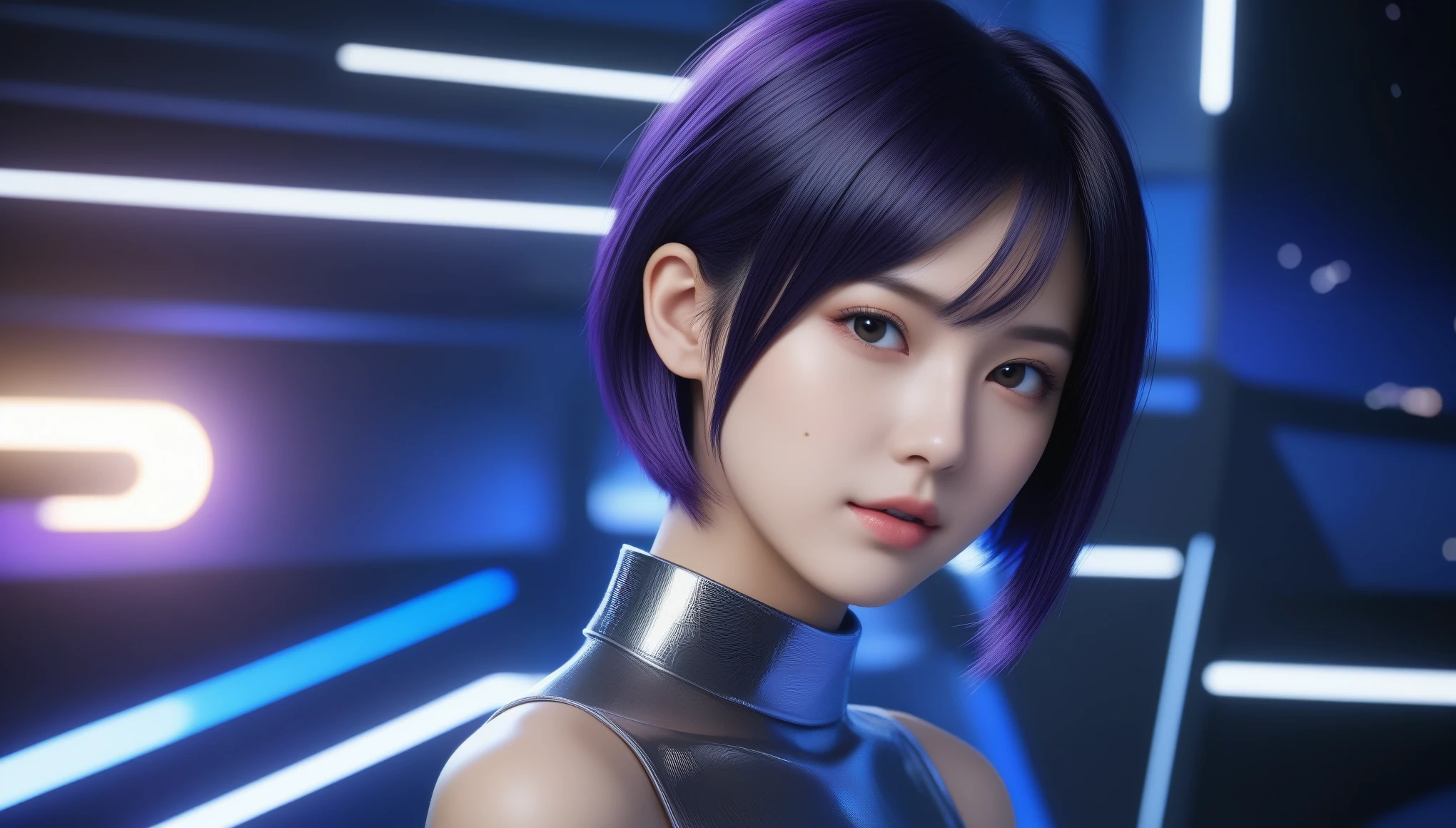 8k, Ultra-high resolution, highest quality, masterpiece, Surreal, photograph, 1 girl, (16 years old:1.3), pretty girl, Cute Face, Beautiful eyes in every detail, 細かくdetailedに,masterpiece,, One Girl:1.2, Japan Female Announcer, A Cyborg Girl, Inji, Purple Hair, Dark Eyes, short hair, Black Hair,非常にdetailedな, Complex Machinery, Shiny metal skin, Glowing blue light, Complex circuits, Future Technology, Edge Light, Dramatic lighting, Beautiful starry sky background, Octane Rendering, nice, Personality, Brave, Realistic 3D rendering, Structure of the film, Award-winning digital art, highest quality, masterpiece, An illustration, Very clever and beautiful, 非常にdetailed, CG, Unity, wallpaper, amazing, Exquisite detail,whole body,Sexy pose、See through 、Looking at the audience、beauty,Long neck、Laugh a little、Please close your mouth and laugh、(((Ideal body type))),A cup small breasts :2,、Portraiture:2、Perfect Anatomy、鮮明なdetailed、detailed、Surreal、Light and shadow,Strong light,Fashion magazine cover,Thin lips