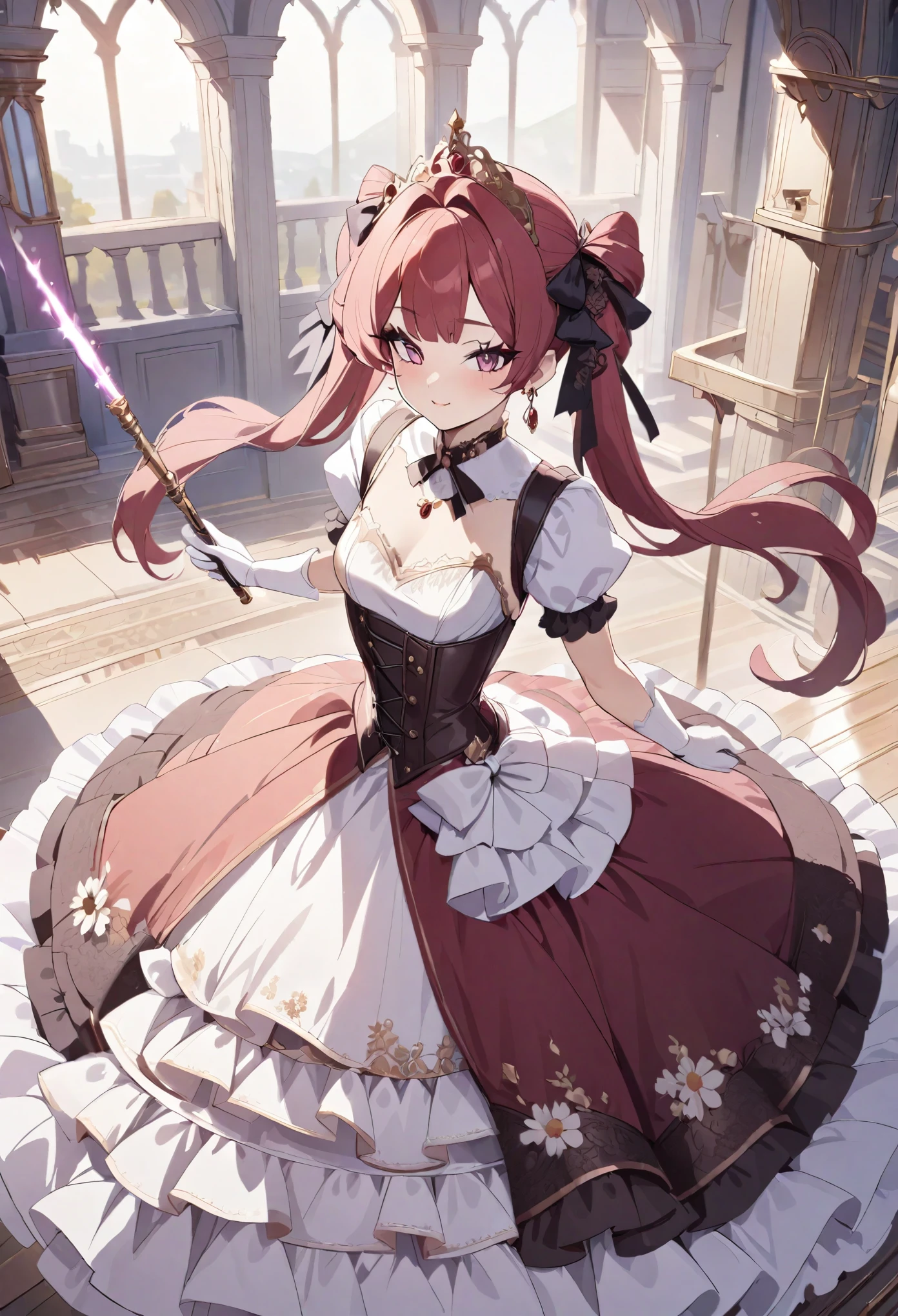 (best quality,4k,8k,highres,masterpiece:1.2),ultra-detailed, Pretty princess, drawn in anime style, is cute and happy, long red twin tail hair, pink eyes, small breast, makeup and lipstick, steampunk, red and white ball gown with puffy sleeves, physically-based rendering,gorgeous princess dress design,flowing gown,elaborate lace details,rich textures,contrast stitching,delicate ribbon bows,floral accents, daisy flowers embroidery, full skirt,short sleeves,fitted waistline,flared cuffs,lace-up back,luxurious fabrics,flawless silhouette, petticoat, bloomers, bustle, corset, hair ribbons, white elbow gloves, ruby earrings and necklace, gold tiara, high heels, holding a fire magic wand, standing in castle bedroom, highly detailed, 4K.