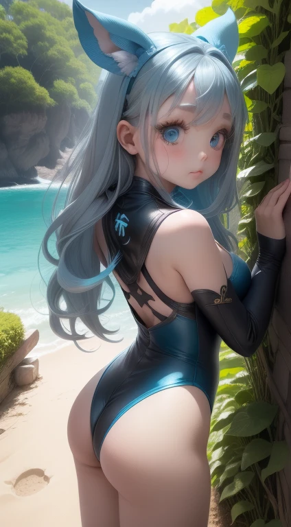girl、、Bink、leotard、whole body。blue eyes、Gray Hair、functional、Seductive pose、front、Look back diagonally、noon、Outdoor、garden、Beach、