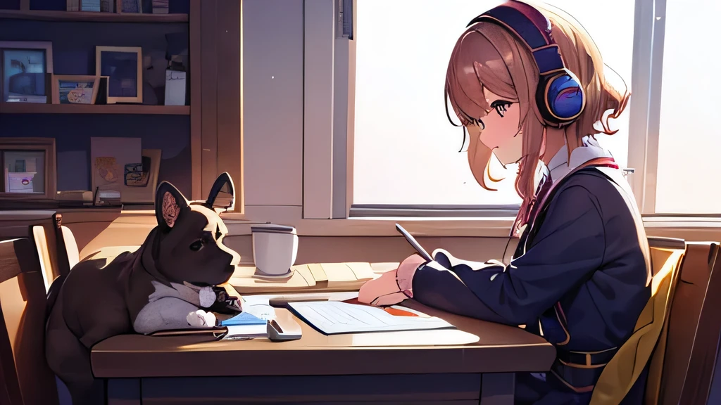 Study Room,Sitting in a chair,Toy poodle and two French bulldogs,Beautiful girl studying in her room while listening to music on headphones,Warm lighting,There is a clock、Outside the room is a starry sky.,Antique alarm clock,Toy poodle looking at the alarm clock,Sleeping french bulldog,Japanese anime style