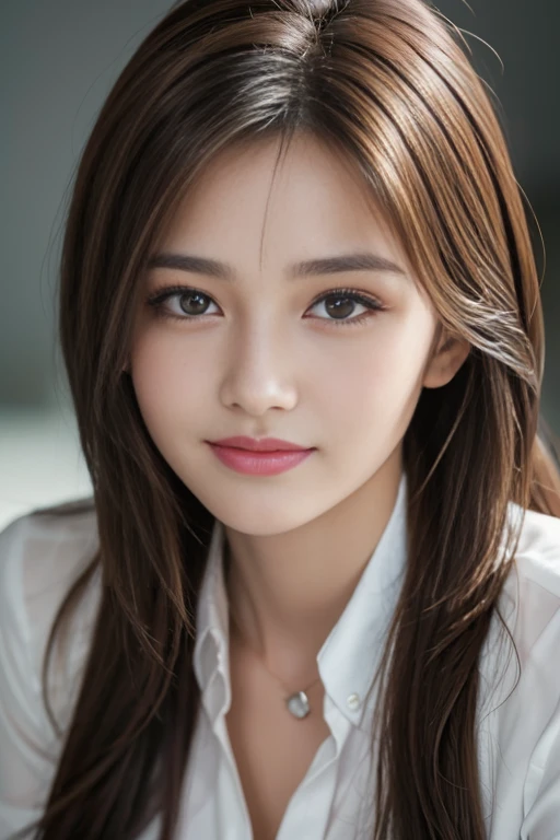 On the table, best quality, Practical, Super detailed, Finely, high resolution, 8k wallpaper, 1 Beautiful woman,, Light brown messy hair, Wearing a suit, Clear focus, Perfect dynamic composition, Beautiful and delicate eyes, Thinning hair, Detailed Practical skin texture, Smile, Close-up portrait, Model figure