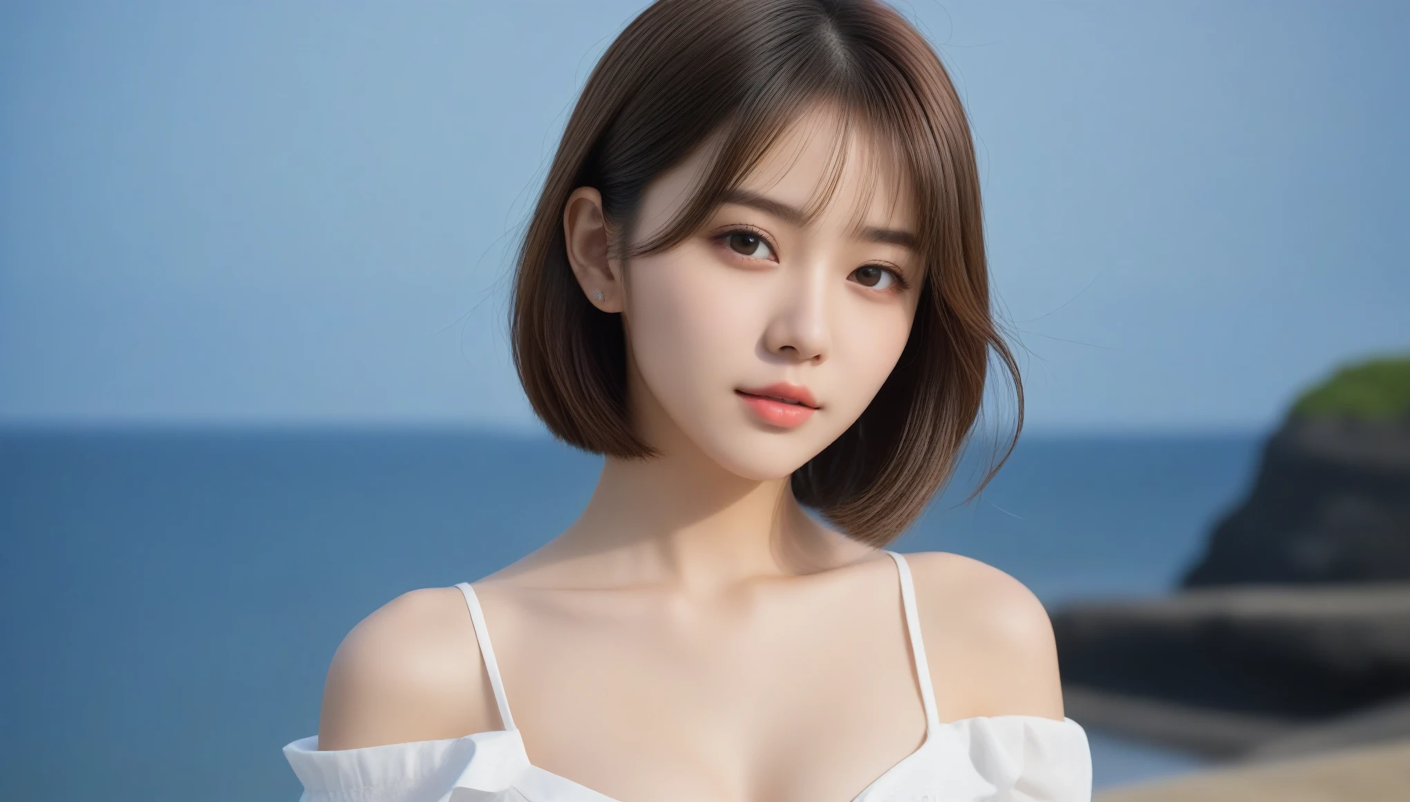 8k, Ultra-high resolution, highest quality, masterpiece, Surreal, photograph, 1 girl, (:1.3), pretty girl, Cute Face, Beautiful eyes in every detail, 細かくdetailedに,masterpiece,, One Girl:1.2, Japan Female Announcer, Sea side,Girl taking a walk,(((White button-up long shirt)))、フィルムポートレートphotograph、One Girl、Exposing shoulders、Bob Cut Hair,Calm、Esbian all over、(Realistic detailedd eyes、Natural skin texture、Realistic facial details)、Soft and dramatic lighting、Depth of written boundary、Vivid details、detailed,Sexy pose、See through 、Looking at the audience、beauty,Long neck、Laugh a little、Please close your mouth and laugh、(((Ideal body type))),A cup small breasts :2,、Portraiture:2、Perfect Anatomy、鮮明なdetailed、detailed、Surreal、Light and shadow,Strong light,Fashion magazine cover,Thin lips