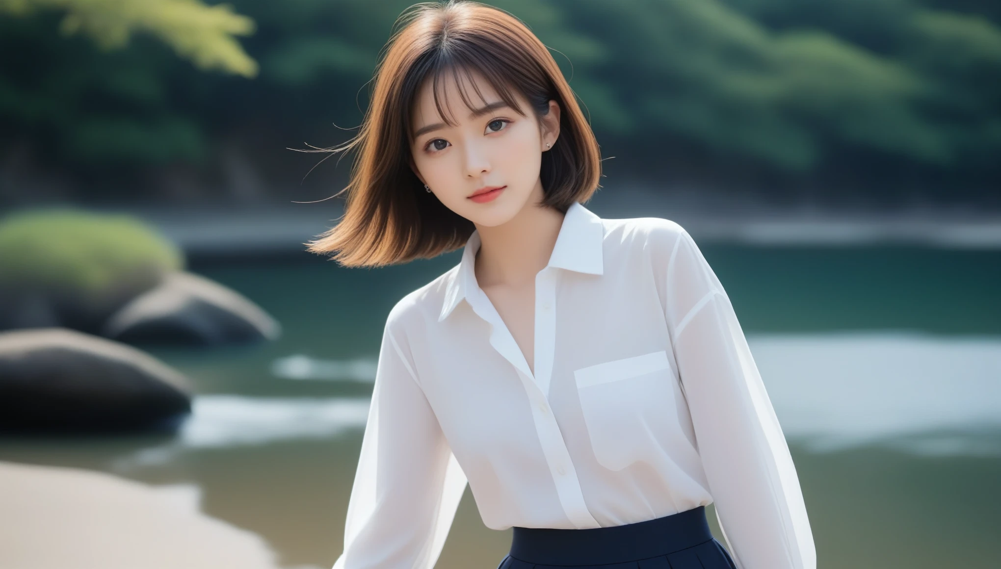 8k, Ultra-high resolution, highest quality, masterpiece, Surreal, photograph, 1 girl, (16 years old:1.3), pretty girl, Cute Face, Beautiful eyes in every detail, 細かくdetailedに,masterpiece,, One Girl:1.2, Japan Female Announcer, Sea side,Girl taking a walk,(((White button-up long shirt)))、フィルムポートレートphotograph、One Girl、Exposing shoulders、Bob Cut Hair,Calm、Esbian all over、(Realistic detailedd eyes、Natural skin texture、Realistic facial details)、Soft and dramatic lighting、Depth of written boundary、Vivid details、detailed,Sexy pose、See through 、Looking at the audience、beauty,Long neck、Laugh a little、Please close your mouth and laugh、(((Ideal body type))),A cup small breasts :2,、Portraiture:2、Perfect Anatomy、鮮明なdetailed、detailed、Surreal、Light and shadow,Strong light,Fashion magazine cover,Thin lips