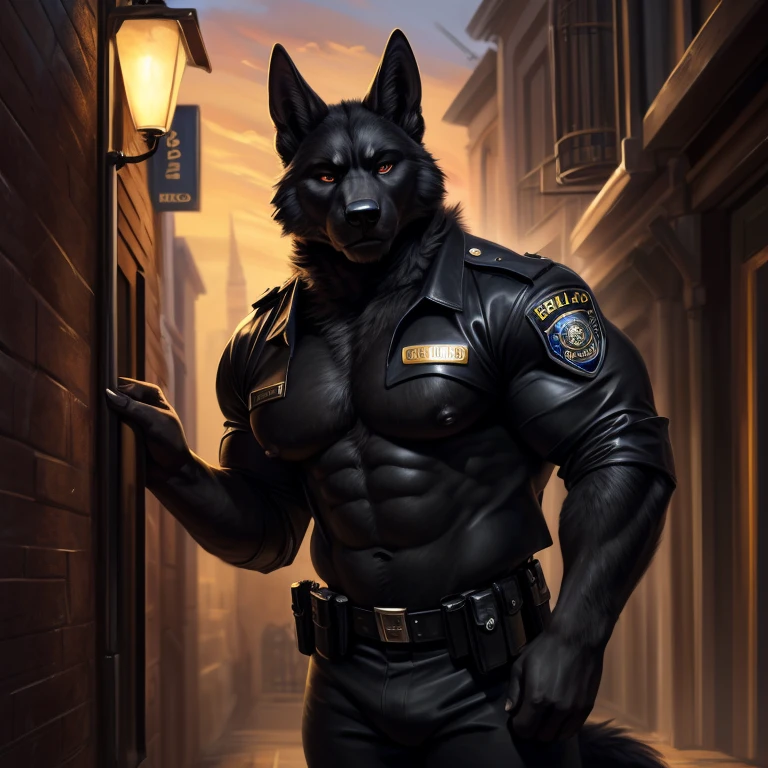 (Jackal), (german shepherd), big muscles, anthro, full body shot, ((((deep black fur:1.5)))), ((((deep body:1.5)))), (((open police jacket))), (((police badge))), (((((black police jacket:1.1)))), ((black police pants)), male, solo, adult, older, muscles, muscular male, (((night))), (alley background), ((muscular abs)), ((huge pecs)), ((nipples)), ((front)), high details, detailed muscles, detailed face, looking at viewer, (((angered serious face))), ((bodybuilder body)), muscular face, masculine face, manly, huge muscles, hunk, beefy by bruteandbrawn, by raccoon21, by darkgem, by personalami, by chunie, by kenket, (intricate, high detail, film photography, soft focus, RAW candid cinema, photorealism, realistic, photorealistic, analog style, subsurface scattering, masterpiece, best quality, ultra realistic, 8k)