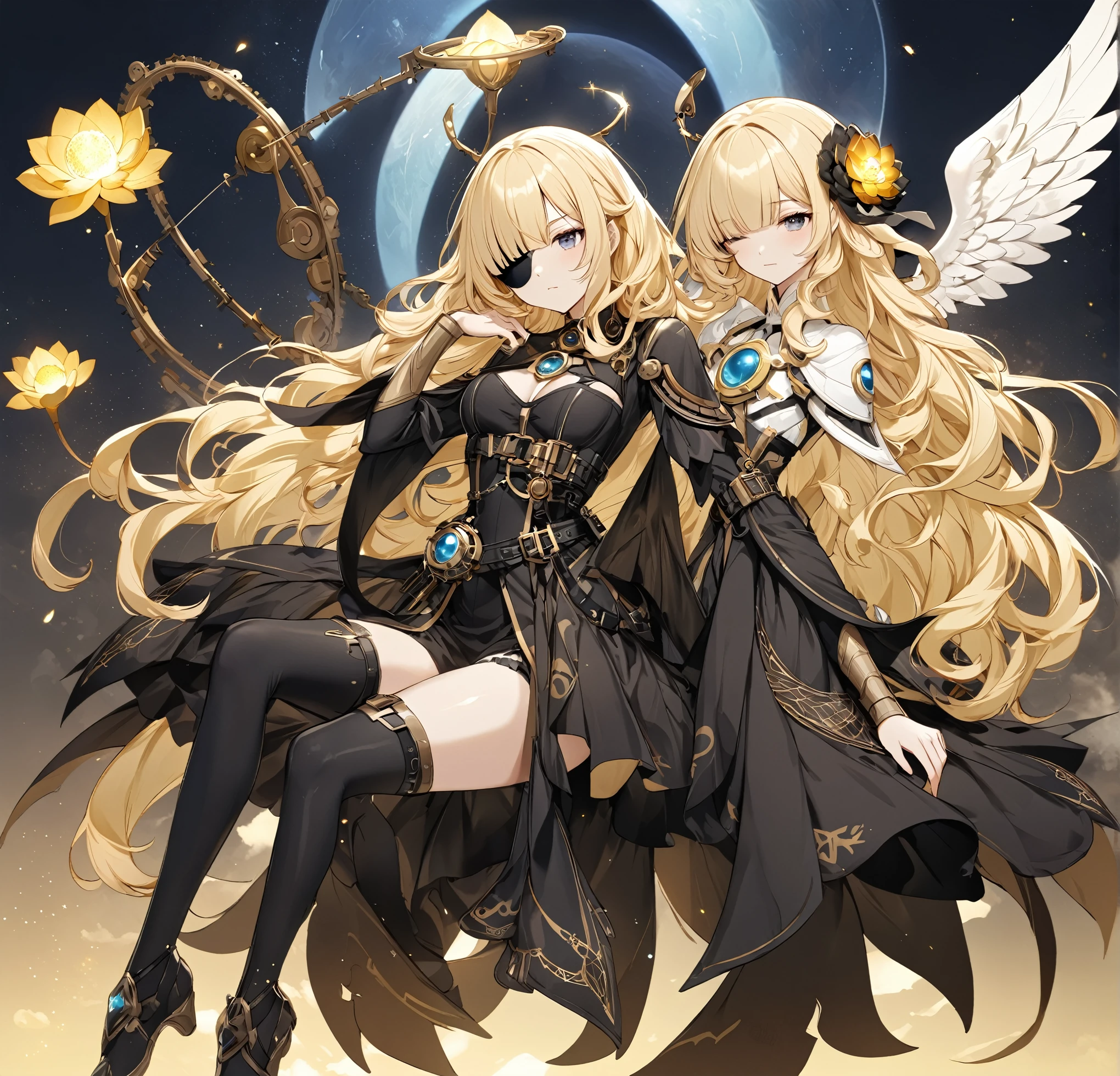 high quality,(High resolution:1.2),Incredible illustrations, (genshin impact) 1girl((shiny blonde hair,wavy hair,blunt bangs,extremely long hair)Transparent osiris lobe,Eye patch(slender,Wings of the Archangel)(hold up knee,pensive,somersault)(Zero gravity)(chibi)(Steampunk)An angel floating on a giant black lotus flower