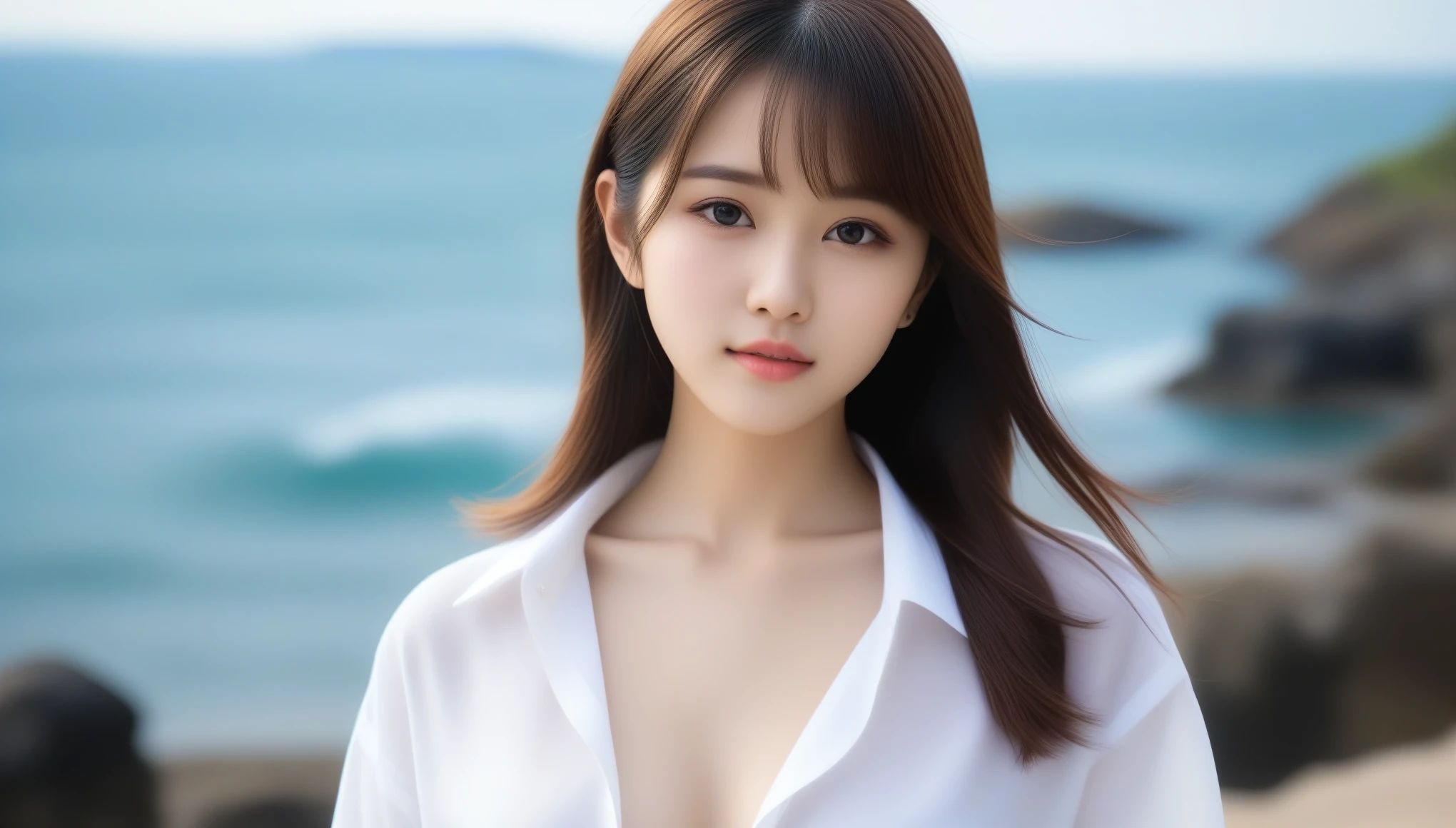 8k, Ultra-high resolution, highest quality, masterpiece, Surreal, photograph, 1 girl, (16 years old:1.3), pretty girl, Cute Face, Beautiful eyes in every detail, 細かくdetailedに,masterpiece,, One Girl:1.2, Japan Female Announcer, Sea side,Girl taking a walk,（((White button-up long shirt))）、フィルムポートレートphotograph、One Girl、Exposing shoulders、Bob Cut Hair,Calm、Esbian all over、(Realistic detailedd eyes、Natural skin texture、Realistic facial details)、Soft and dramatic lighting、Depth of written boundary、Vivid details、detailed,Sexy pose、See through 、Looking at the audience、beauty,Long neck、Laugh a little、Please close your mouth and laugh、(((Ideal body type))),A cup small breasts :2,、Portraiture:2、Perfect Anatomy、鮮明なdetailed、detailed、Surreal、Light and shadow,Strong light,Fashion magazine cover,Thin lips