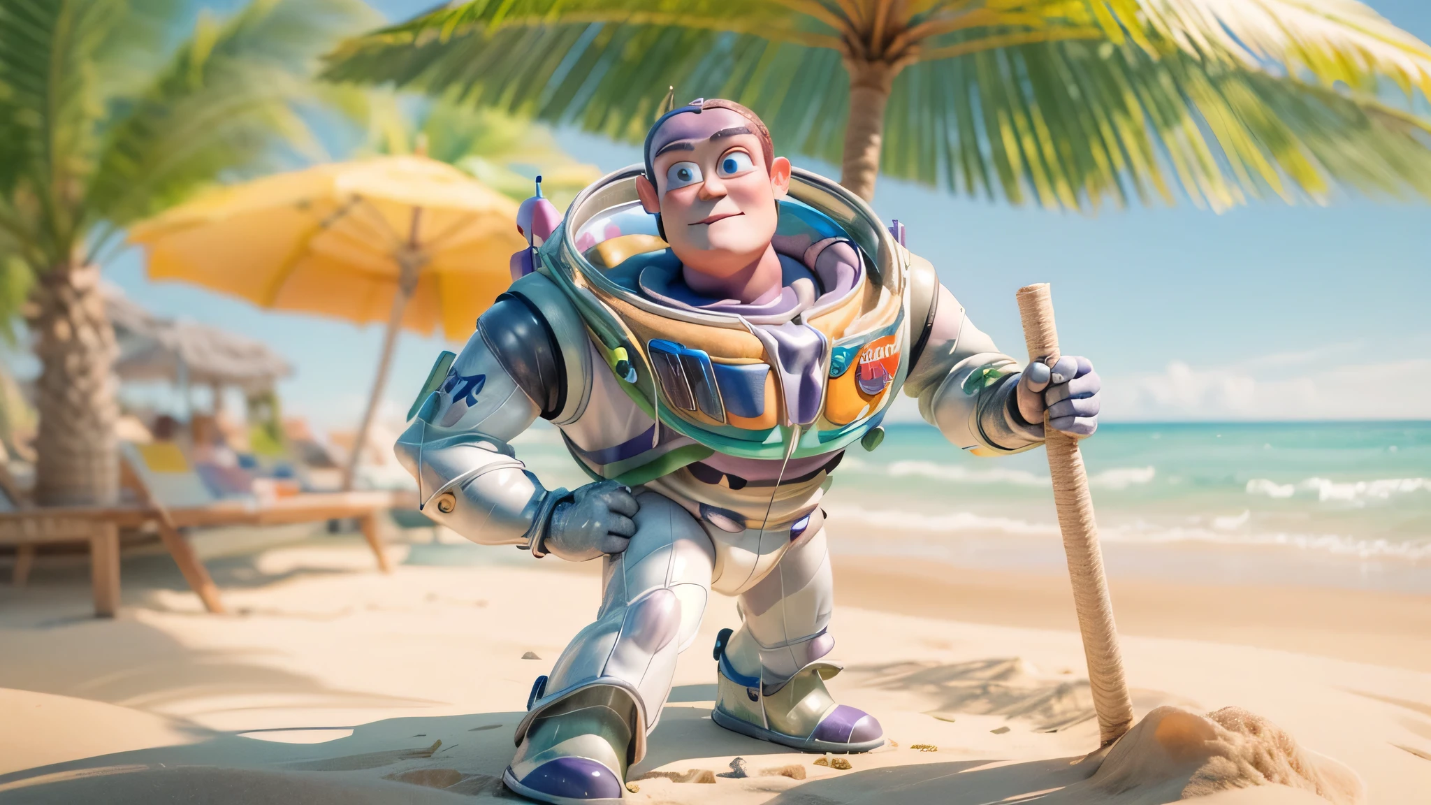 traditional watercolor painting (water color art: 1.5), an award wining, water color portrait of Pixar's (Buzz Lightyear: 1.5) (masterpiece, best detailed, best quality: 1.4), lying in the beach (masterpiece, best detailed, best quality: 1.4), he rests under a palm tree, he wears (purple swimsuit: 1.1), he has (sunglasses: 1.1) on, the sea is calm, sandy beach at high noon background, it a sunny day, dynamic range, ultra wide shot, photorealism, depth of field, hyper realistic,