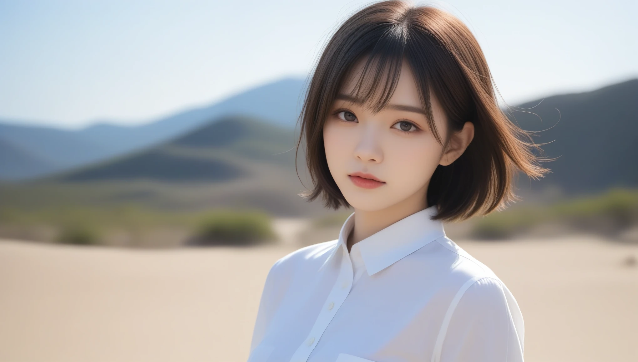 8k, Ultra-high resolution, highest quality, masterpiece, Surreal, photograph, 1 girl, (16 years old:1.3), pretty girl, Cute Face, Beautiful eyes in every detail, 細かくdetailedに,masterpiece,, One Girl:1.2, Japan Female Announcer, （((White button-up long shirt))）、desert,フィルムポートレートphotograph、One Girl、Exposing shoulders、Bob Cut Hair、Calm、Esbian all over、(Realistic detailedd eyes、Natural skin texture、Realistic facial details)、Soft and dramatic lighting、Depth of written boundary、Vivid details,Sexy pose、See through 、Looking at the audience、beauty,Long neck、Laugh a little、Please close your mouth and laugh、(((Ideal body type))),A cup small breasts :2,、Portraiture:2、Perfect Anatomy、鮮明なdetailed、detailed、Surreal、Light and shadow,Strong light,Fashion magazine cover,Thin lips