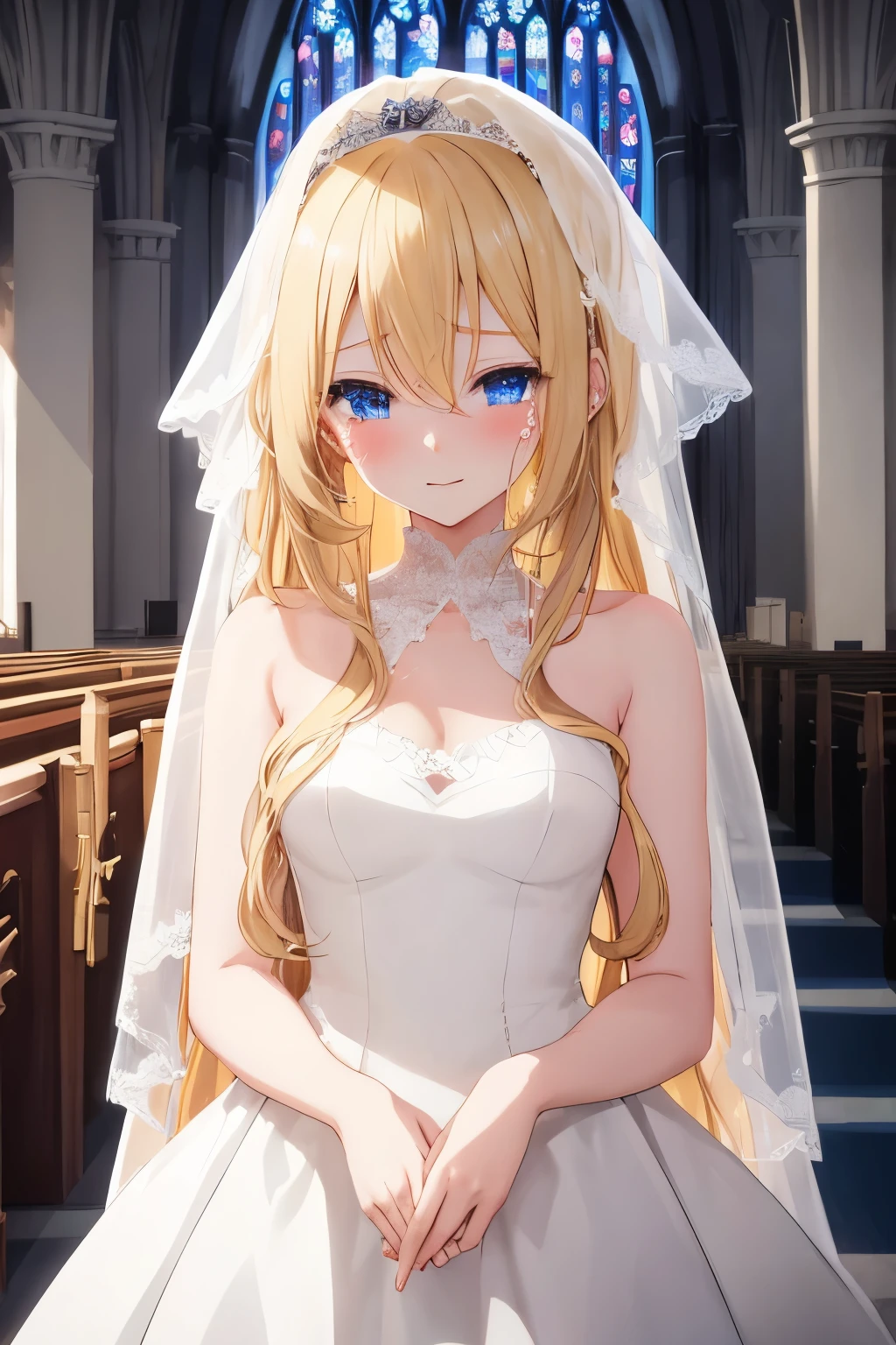Anime girl with long blonde hair, dark blue eyes, white wedding dress, happy to see viewer, tears in eyes, beautiful church setting