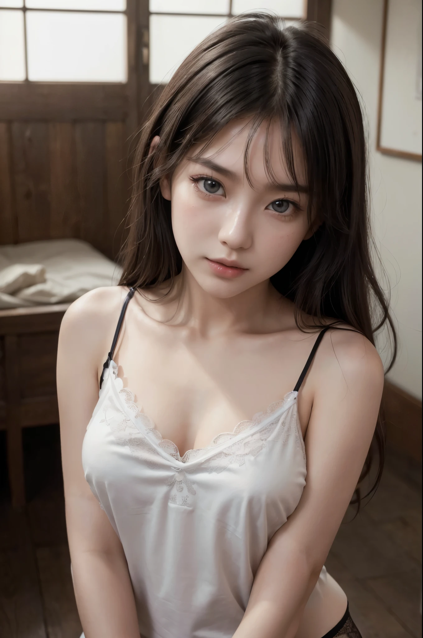 (masterpiece, highest quality, Realistic, High resolution, photograph, :1.3), Sharp focus, 1 Cute Japanese Girl, Hot Model, Highly detailed eyes and pupils, Realistic Skin, Slim figure, Neckline, Highly detailed hair, Delicate face, Sensual look, Bright lips, Natural Lip, ((Camisole:1.5)), ((Black lace pantie:1.2)), indoor, ((whole body shot)), standing pose,