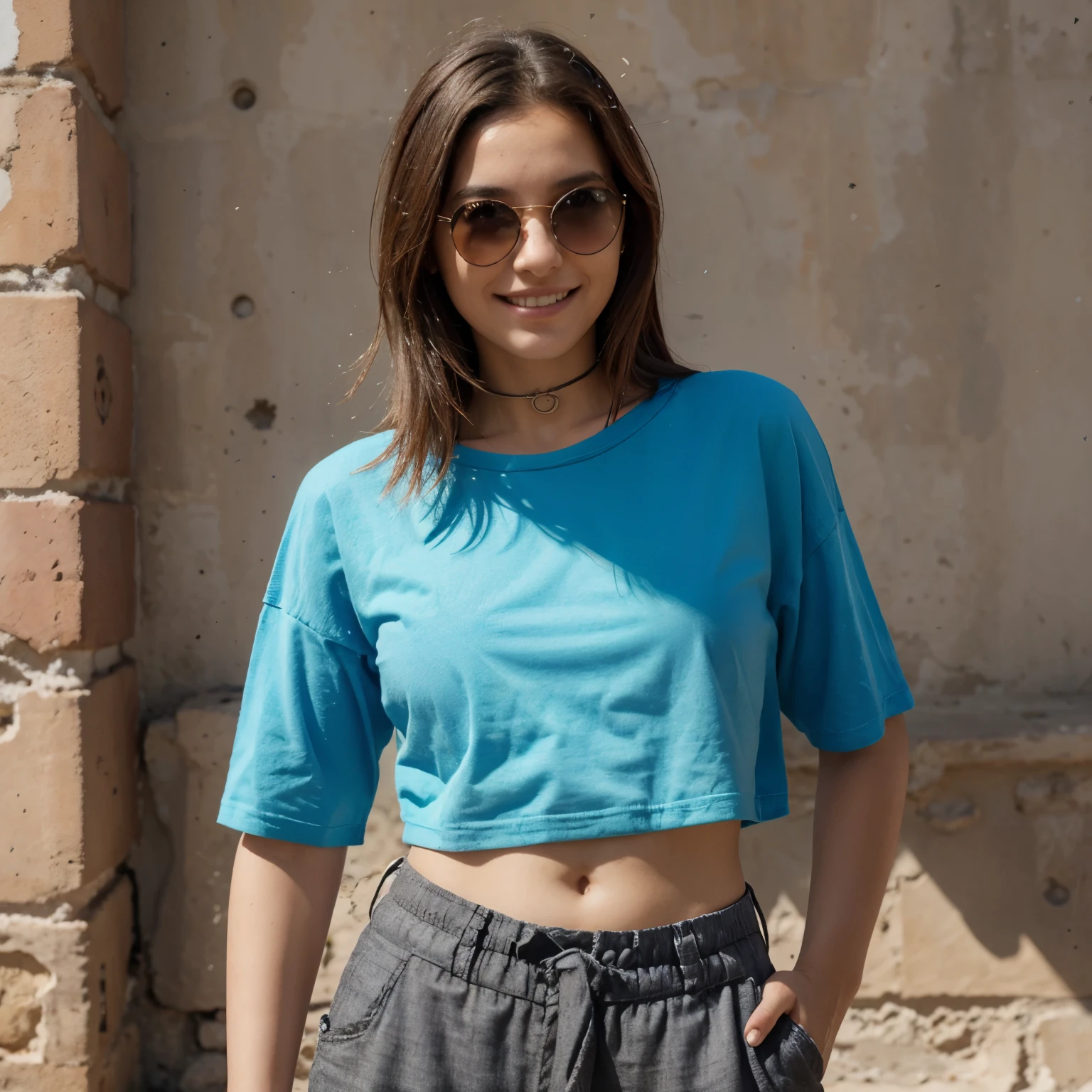 Asme a character with these characteristics 1. Gender: Mujer
2. Edad: 30 years 3. Color de piel: Morena
4. Color de ojos: Azules
5. Color de cabello: Rubio
6. Estilo de cabello: Largo y ondulado
7. Vestimenta: Camiseta blanca, pantalones vaqueros y zapatillas
8. Accesorios: Gafas de sol y un collar
9. Rasgo facial distintivo: Pecas en las mejillas
10. Facial expression: Sonrisa amigable
facil de dibujar