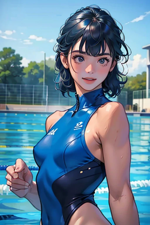 masterpiece、highest quality、High resolution、Two realistic girls、Competitive swimmer、Close-up of a person、Wearing a blue bodysuit、During Competitive swimmerics competitions、smile、Swimming Venues、sexy competition swimwear