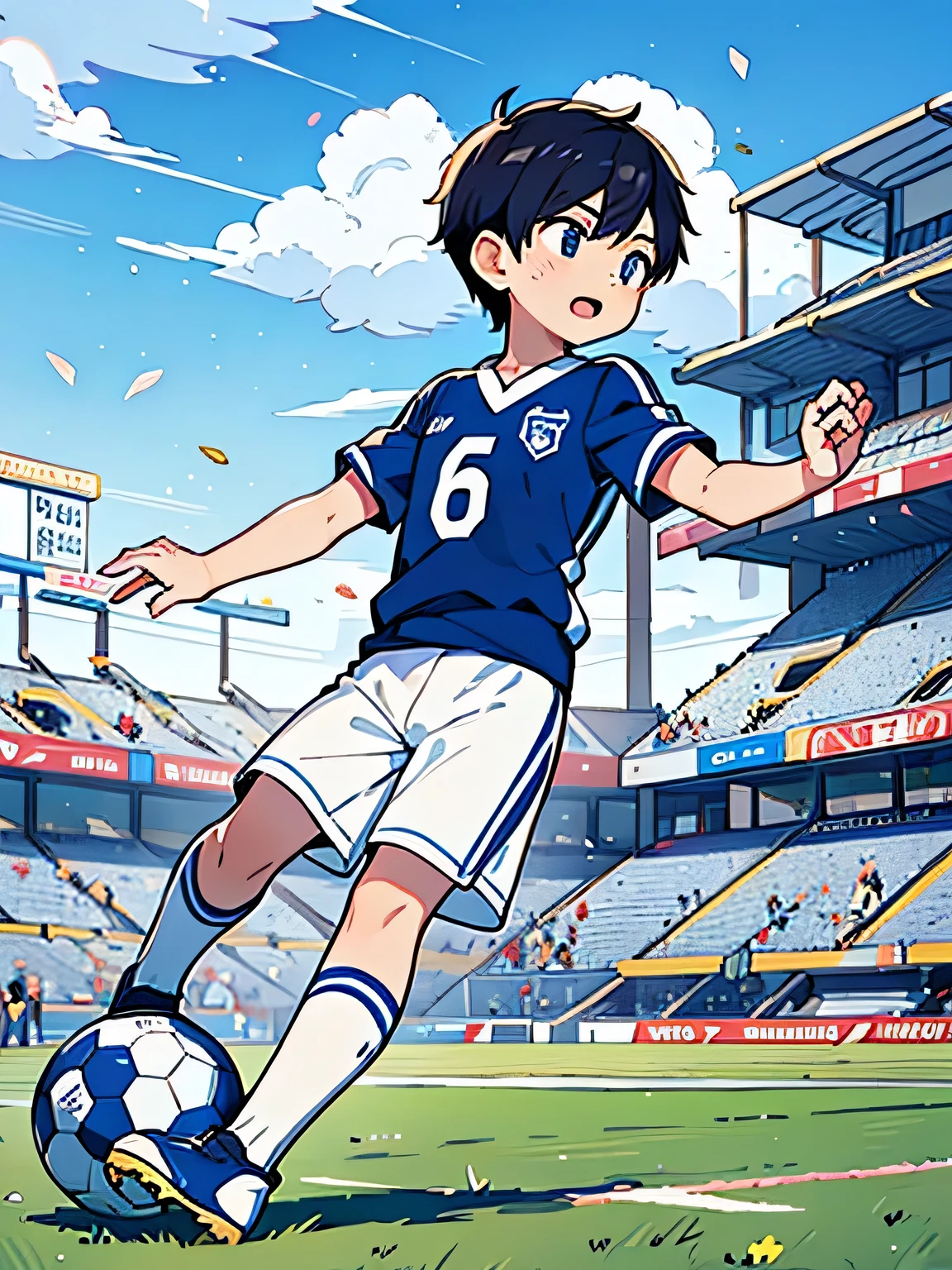 During the day, a -yeld As boy, wearing a blue and white striped sportswear with the number 6 on the chest and white football shoes, plays football on the football field,