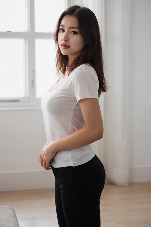 Brunette shining hair, (RAW photo), (realism: 1.8), glossy pink lipstick, many eyelashes, dark black eye shadow, shy, blushing, depth of fields, high resolution, depth of field, chromatic aberration, caustic, wide light, (ample cleavage) , (21 year old adore female), stylish Korean college girl, white skinny shirt, double eyelids, (puffed big breast), visible 8k resolutions, full body shots